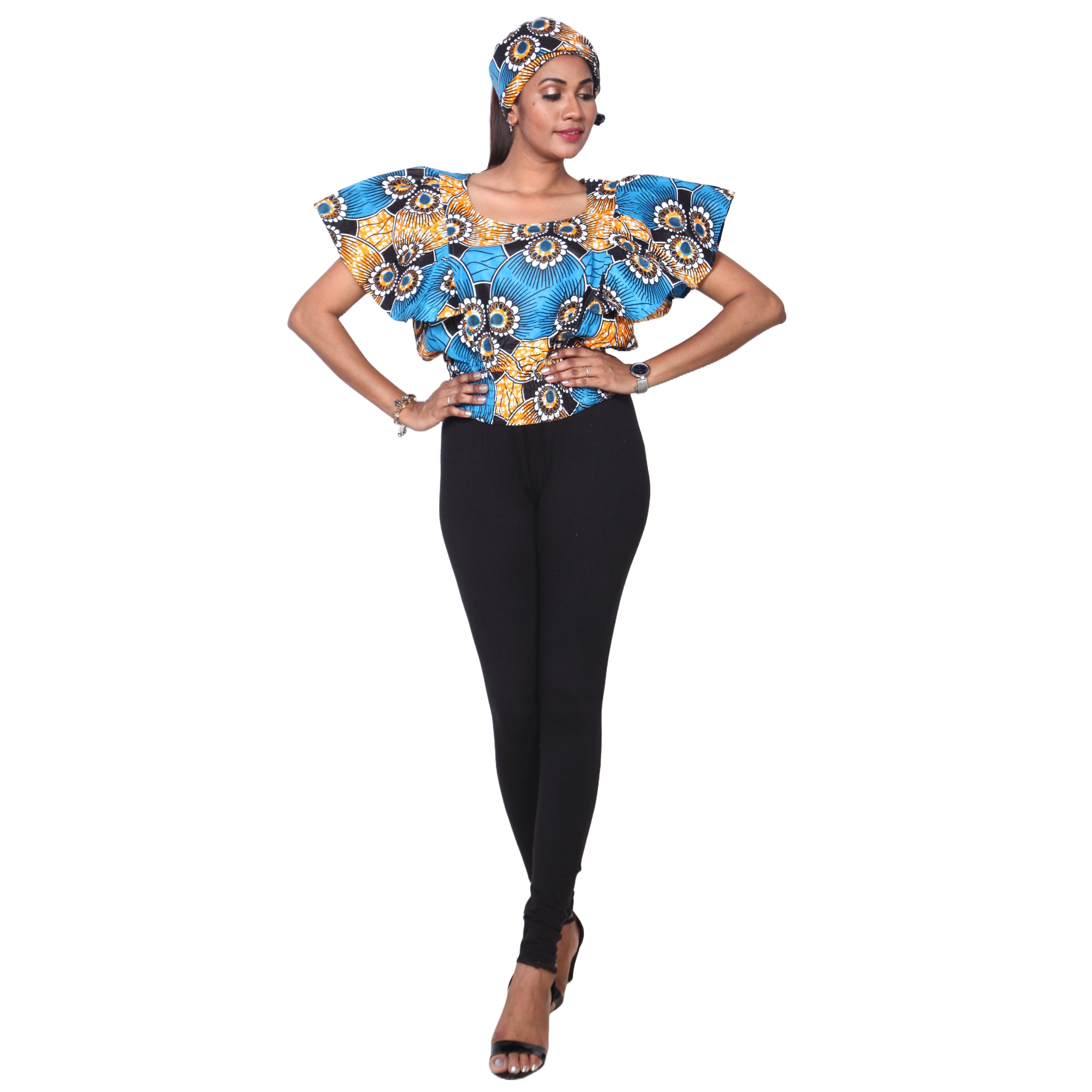 Women's African Print Short Sleeve Top blue and yellow