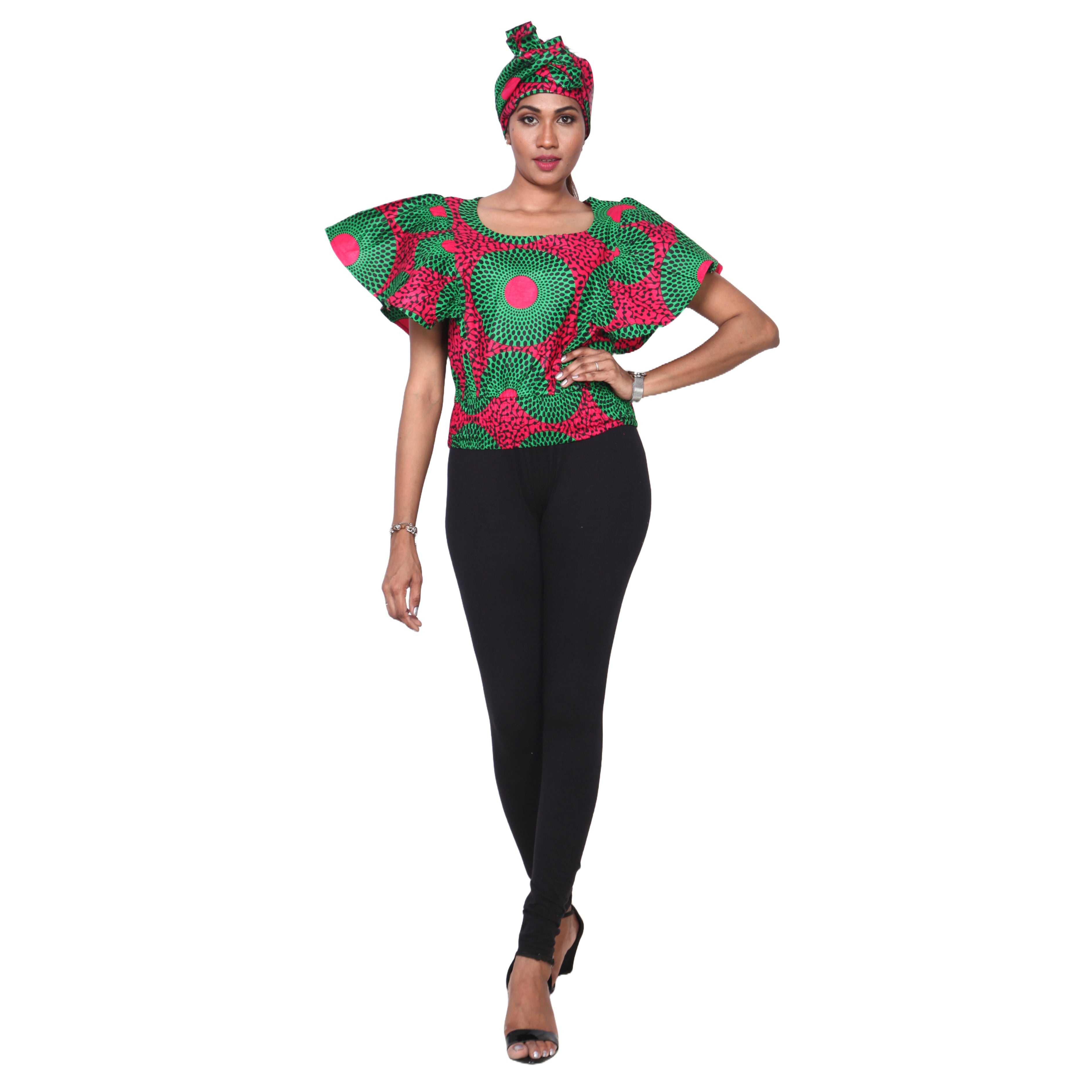 Women's African Print Short Sleeve Top red and green