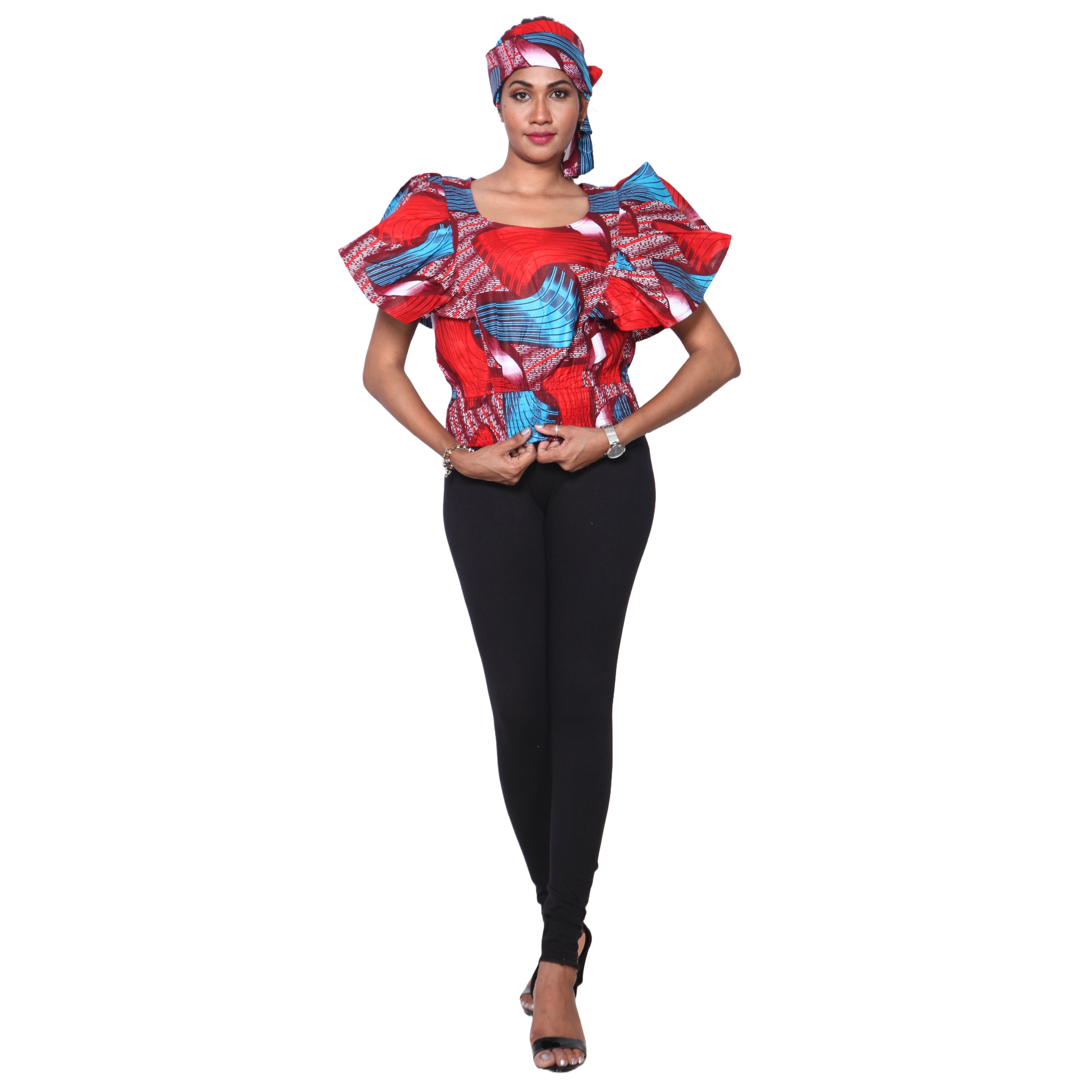 Women's African Print Short Sleeve Top red and blue contrast