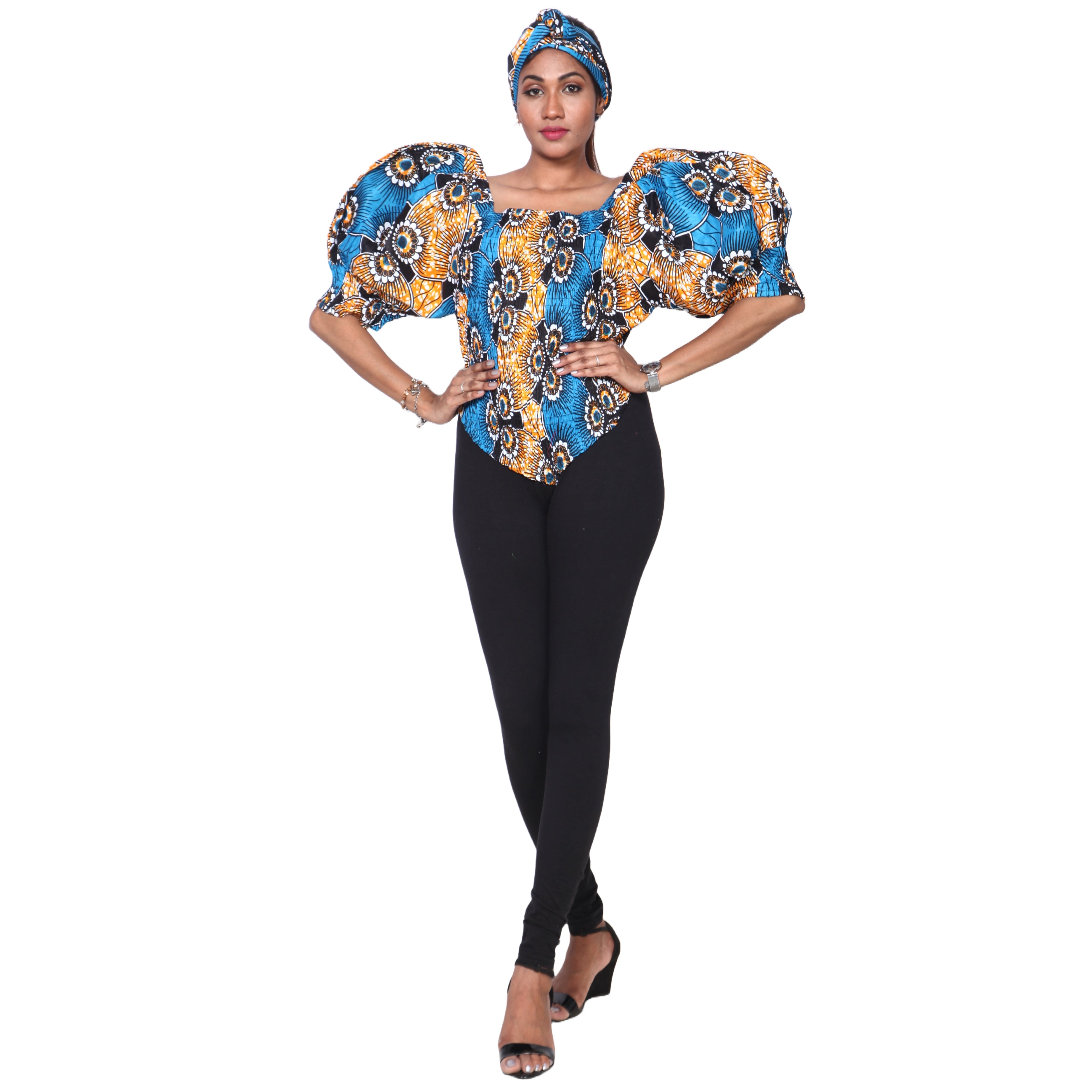 Upgrade your wardrobe with our FI-18 Women's Puff Sleeve Top. Perfect for adding flair to any outfit, from day to night. A perfect blend of style and comfort. blue,yellow and black