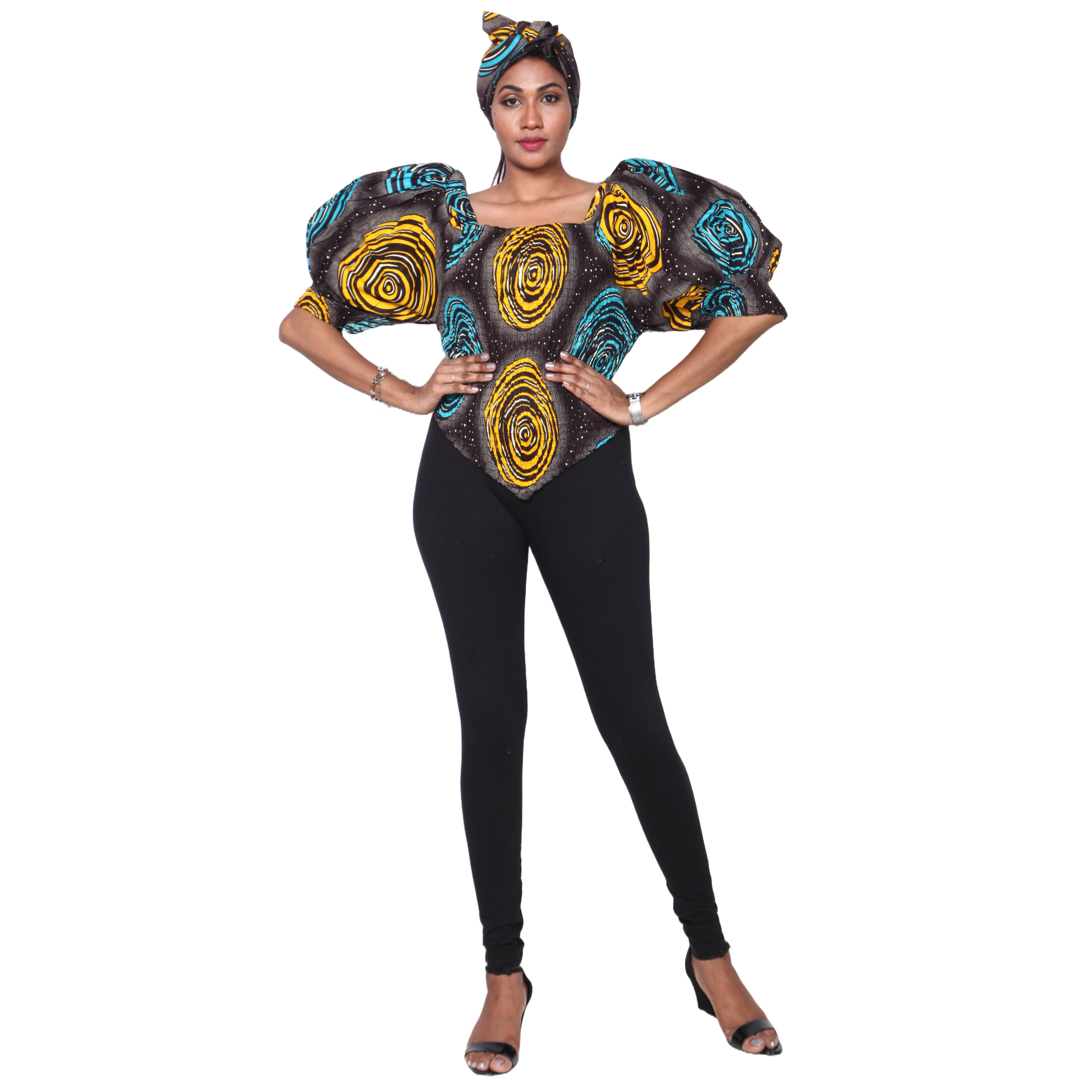 Upgrade your wardrobe with our FI-18 Women's Puff Sleeve Top. Perfect for adding flair to any outfit, from day to night. A perfect blend of style and comfort. black, yellow and blue