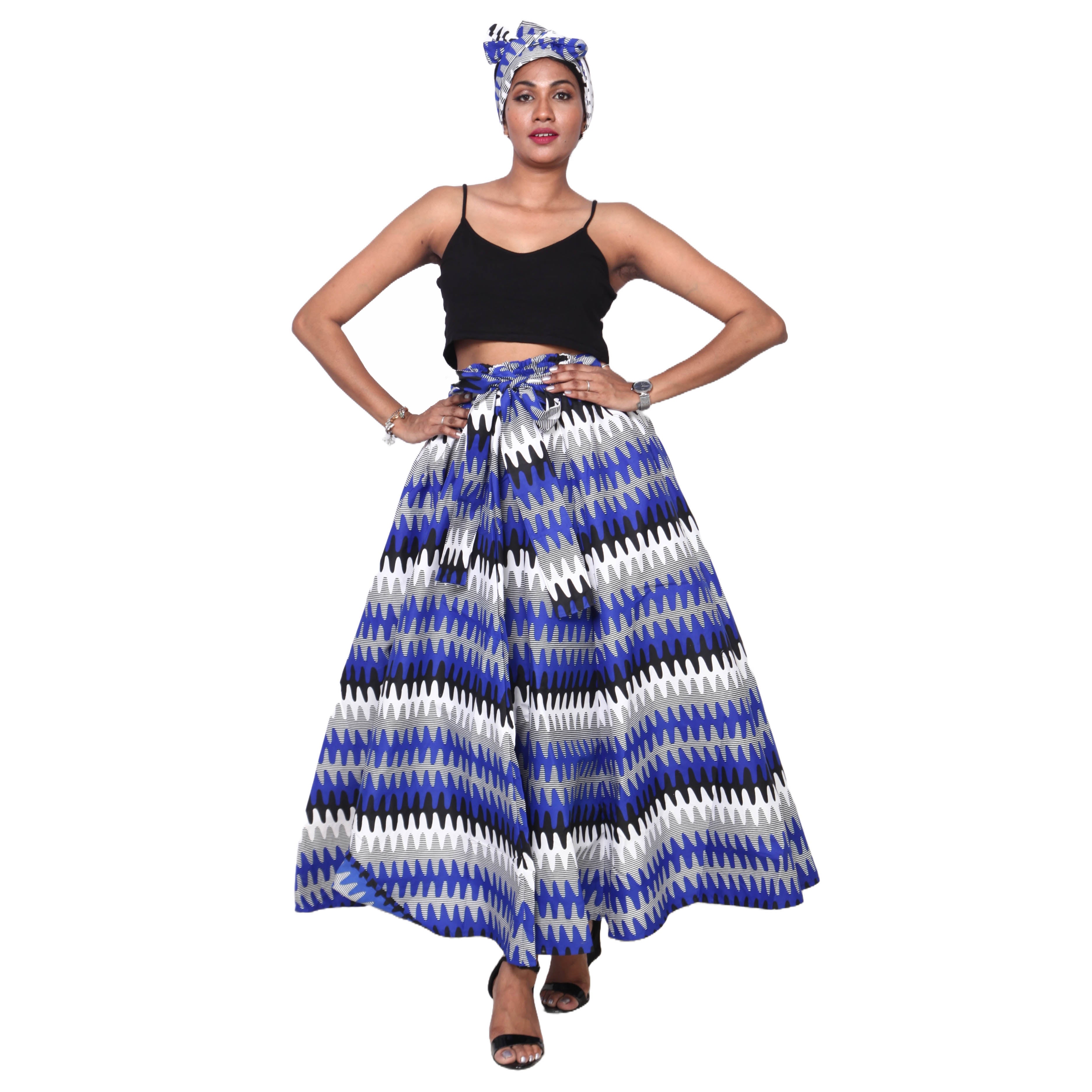 Women's Poly-Cotton Maxi Skirt with Tie Waist black and blue frock