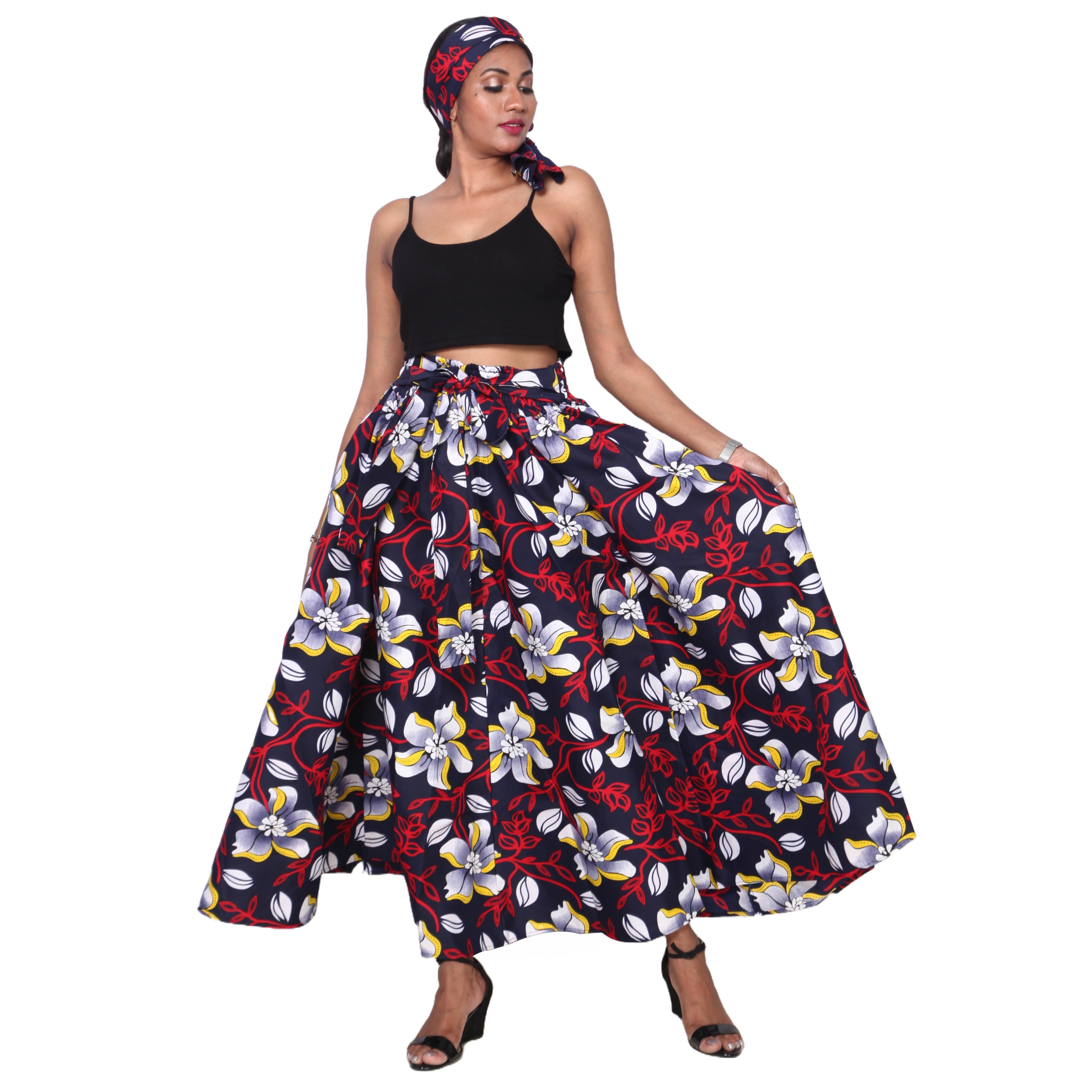 Women's Poly-Cotton Maxi Skirt with Tie Waist red/black contrast