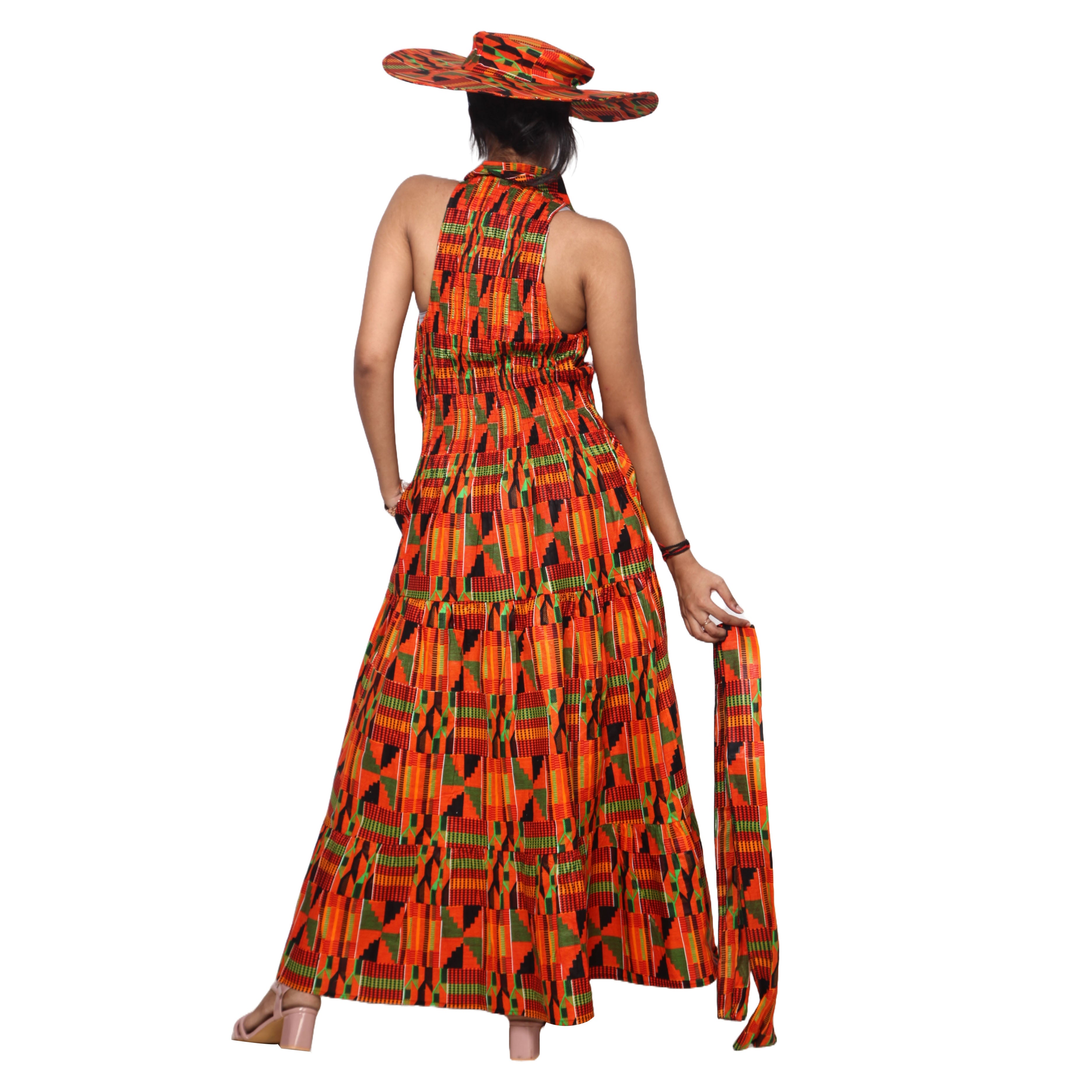 Women's 3 Button Sleeveless Halter Collar Maxi Dress With Hat -- FI-3028L