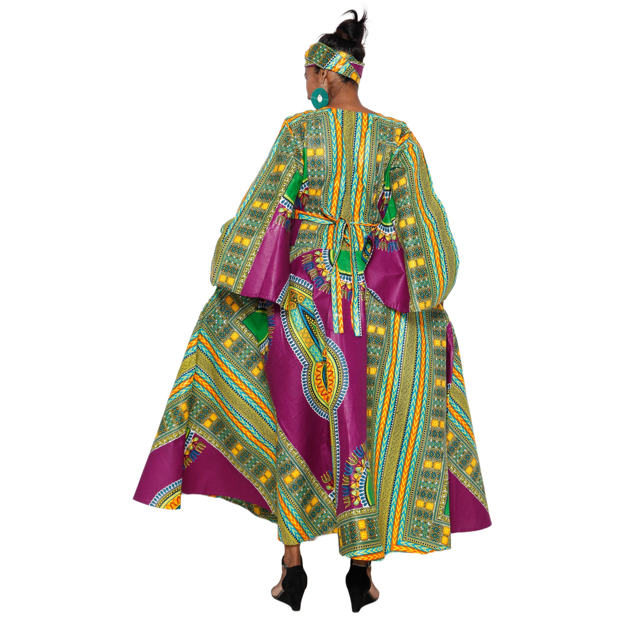 Women's Dashiki Long Sleeve Maxi Wrap Dress - Back