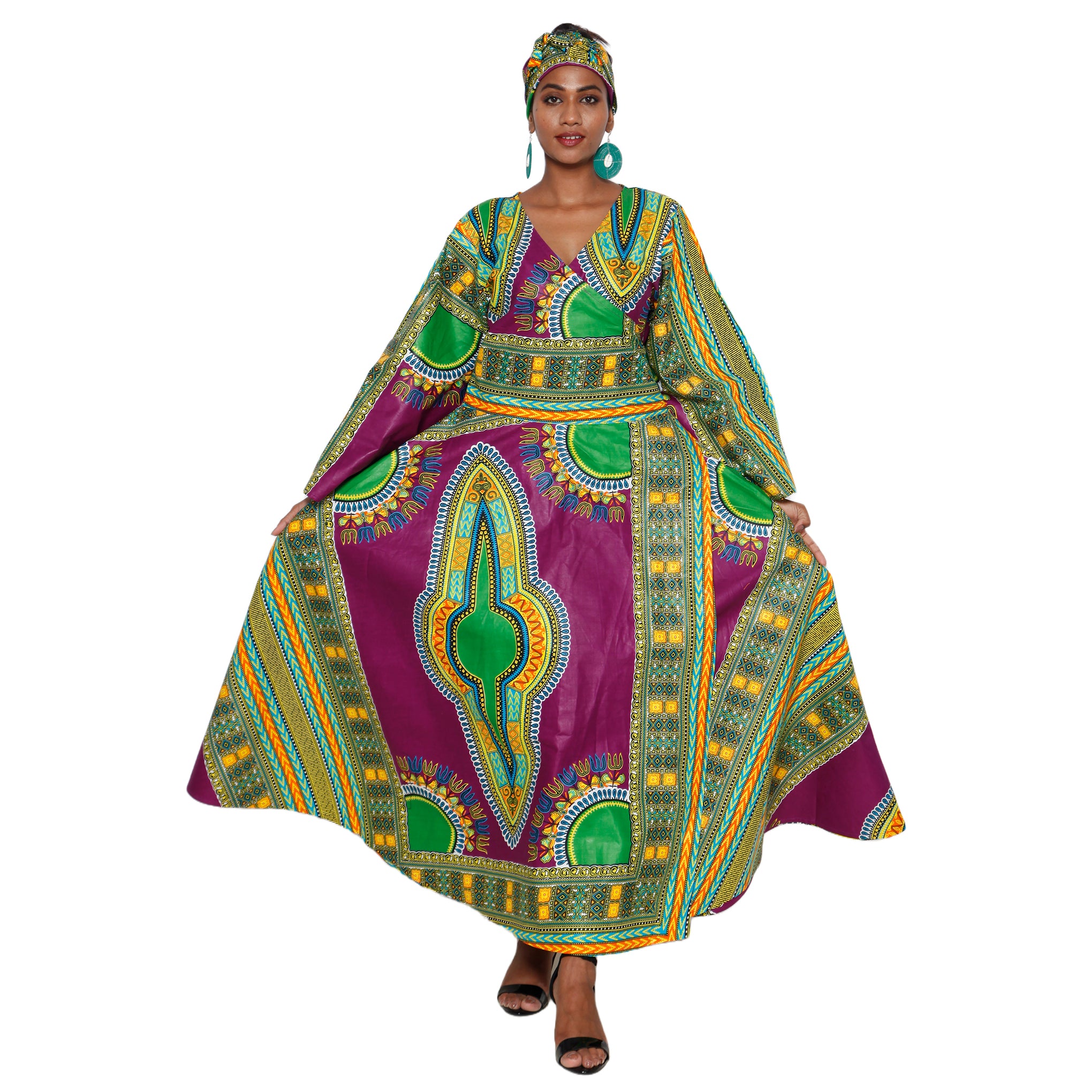 Women's Dashiki Long Sleeve Maxi Wrap Dress