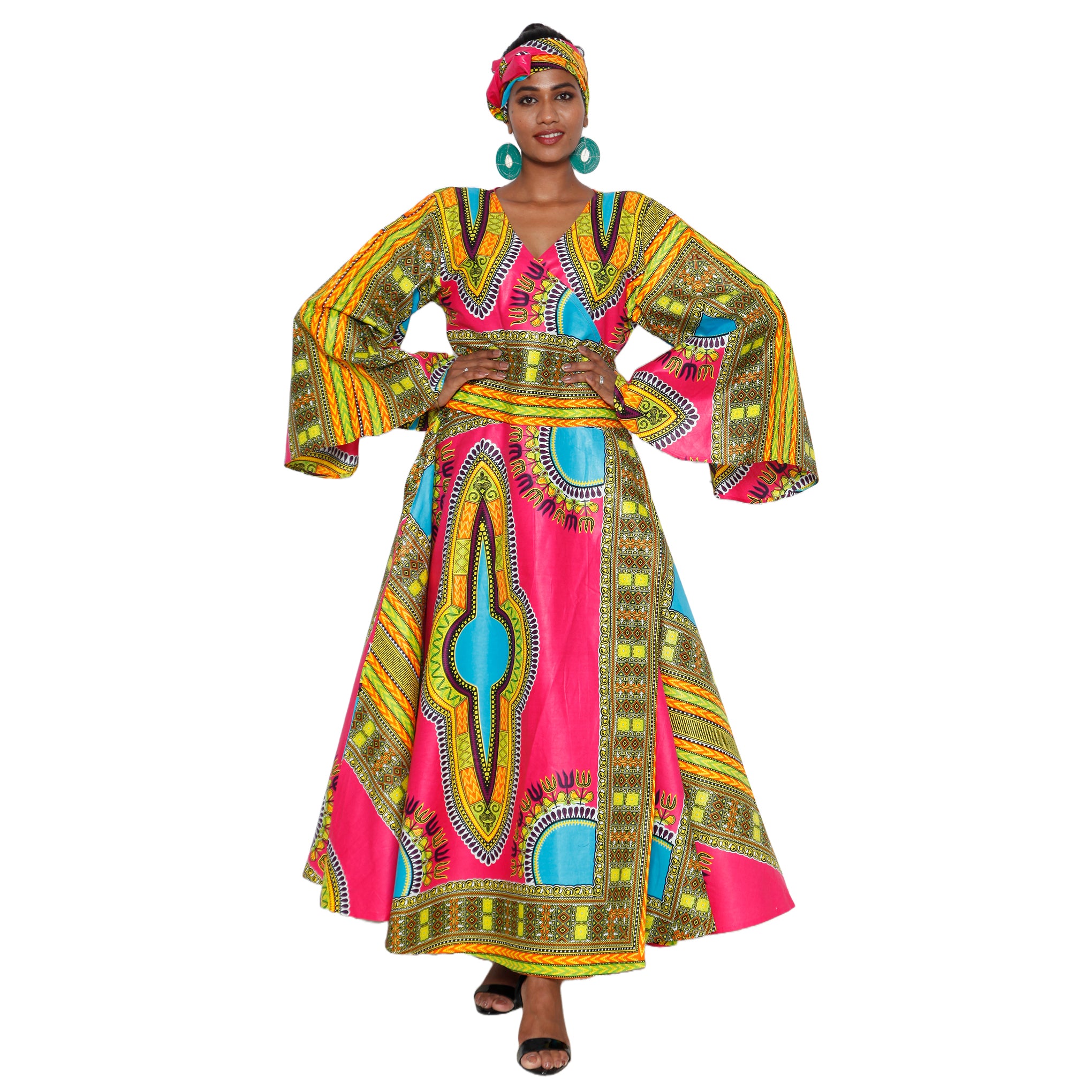 Women's Dashiki Long Sleeve Maxi Wrap Dress -- FI-D56D