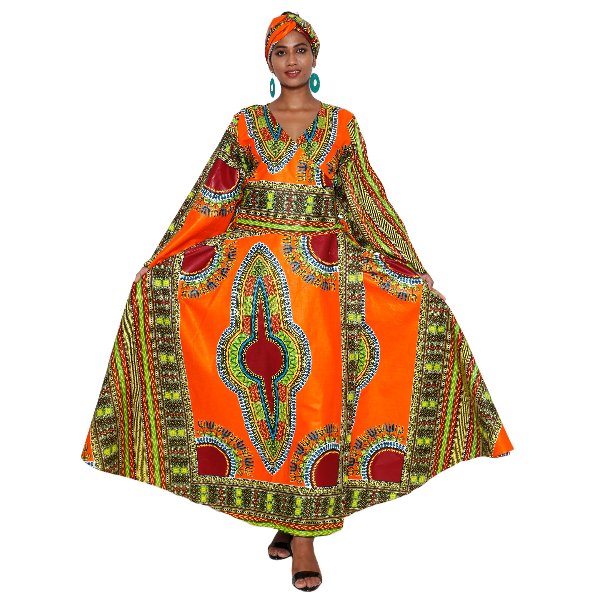 Women's Dashiki Long Sleeve Maxi Wrap Dress -- FI-D56D