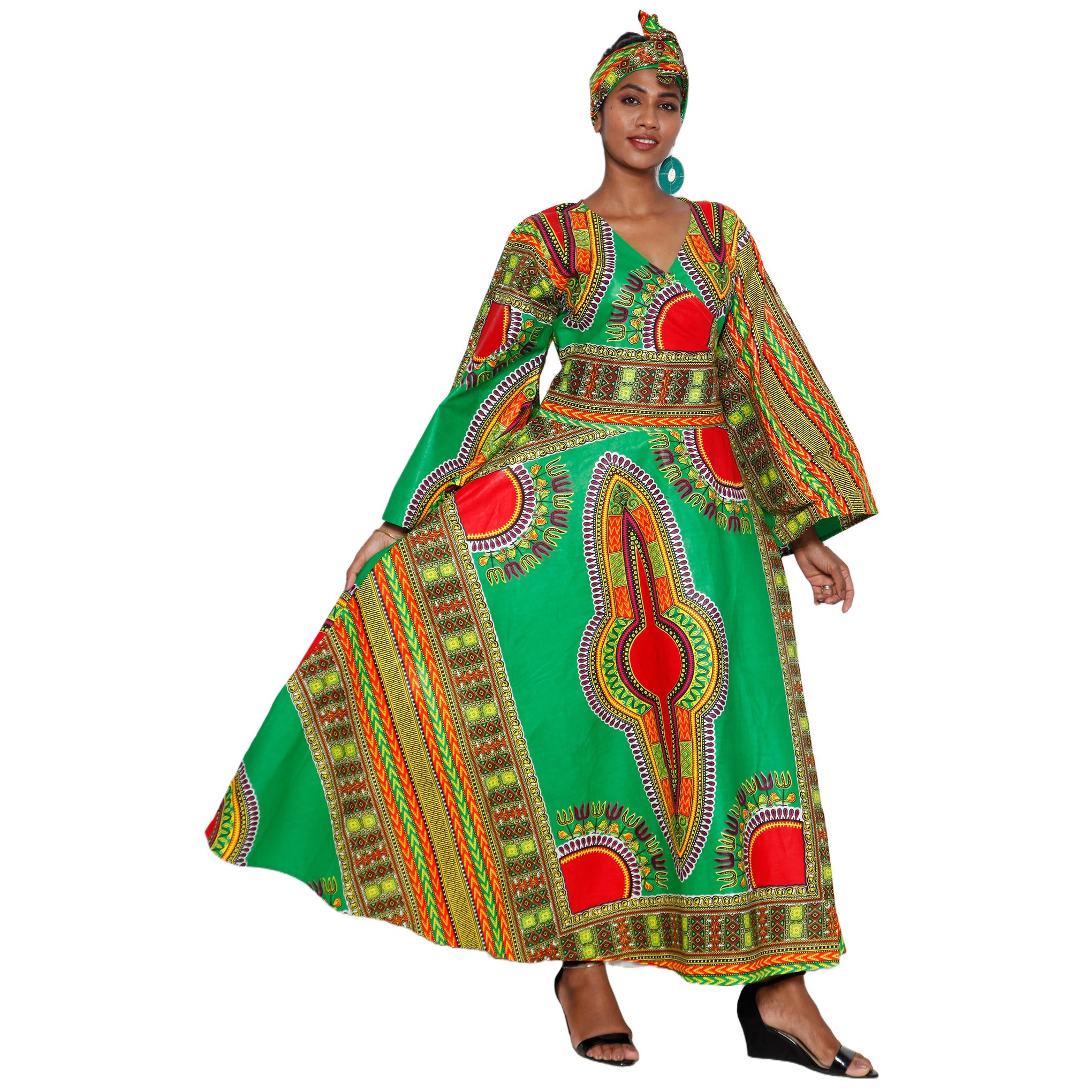 Women's Dashiki Long Sleeve Maxi Wrap Dress -- FI-D56D