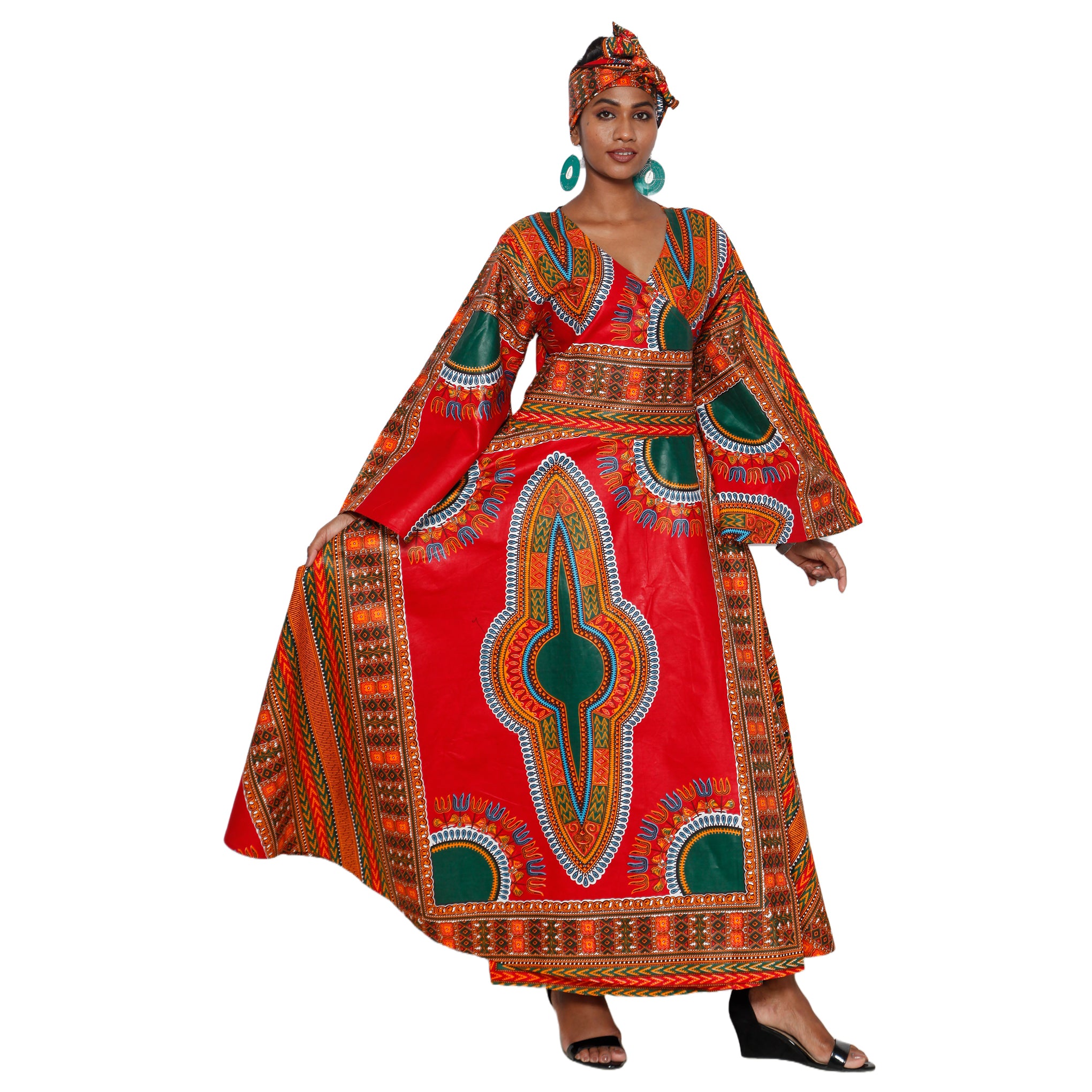 Women's Dashiki Long Sleeve Maxi Wrap Dress -- FI-D56D