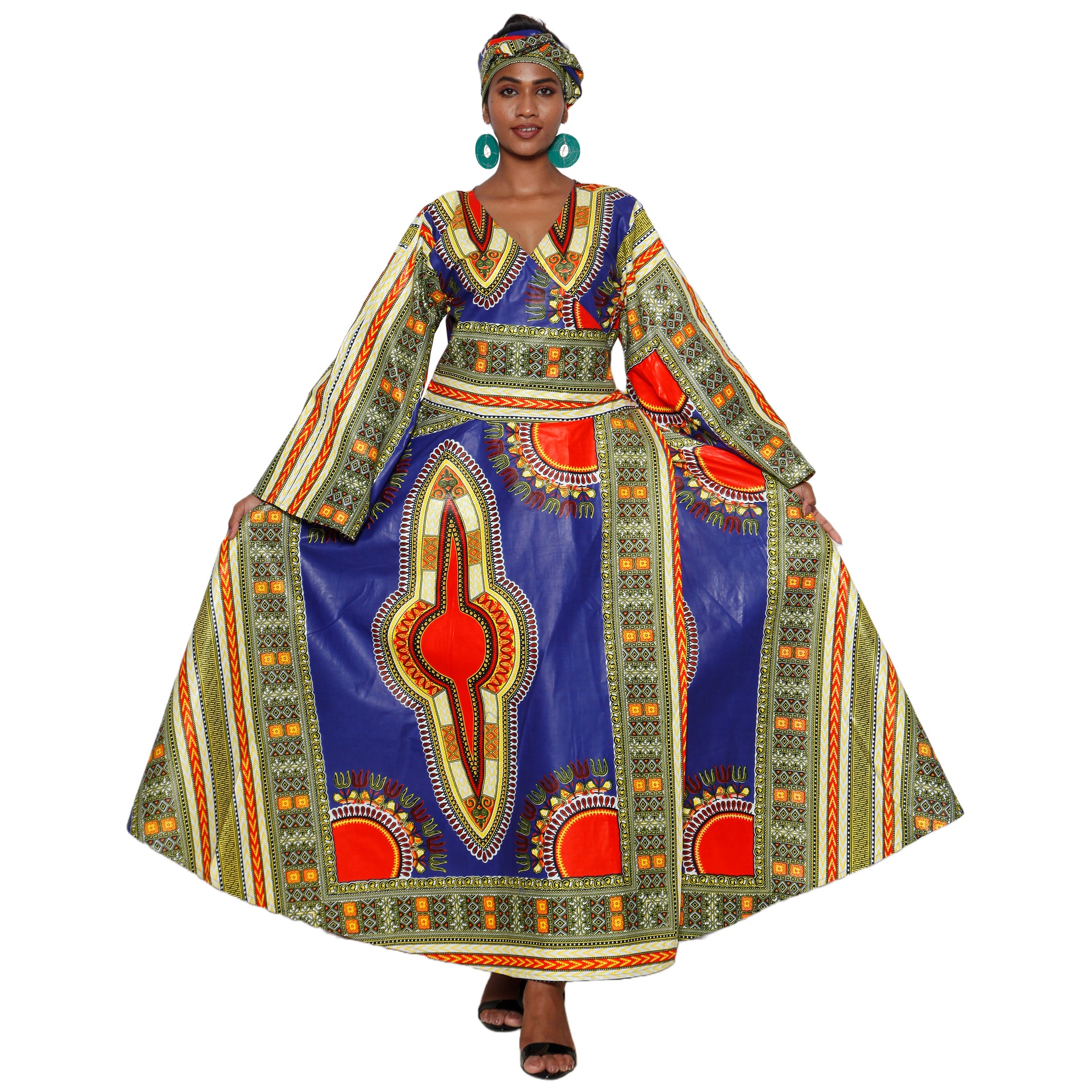 Women's Dashiki Long Sleeve Maxi Wrap Dress -- FI-D56D