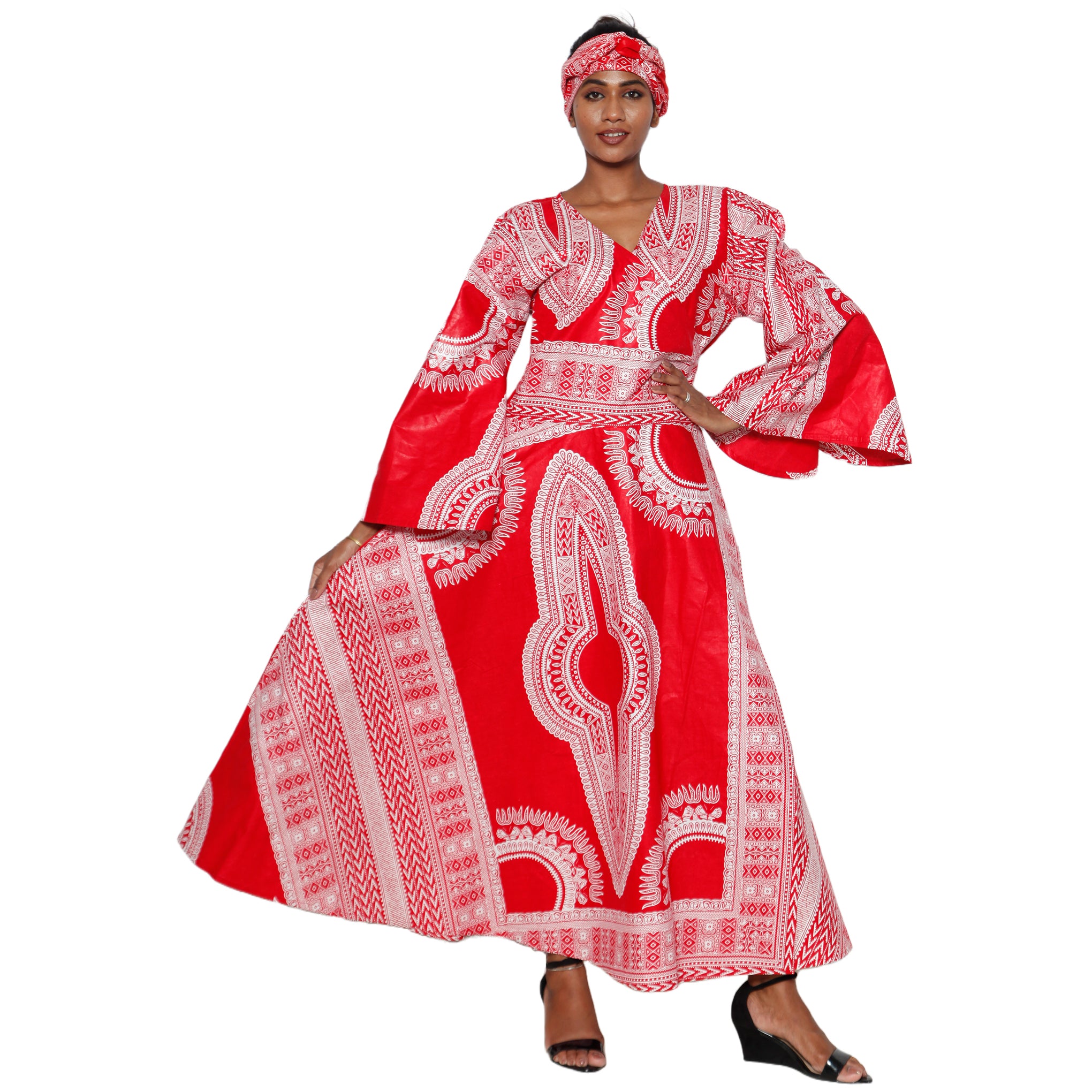 Women's Dashiki Long Sleeve Maxi Wrap Dress -- FI-D56D