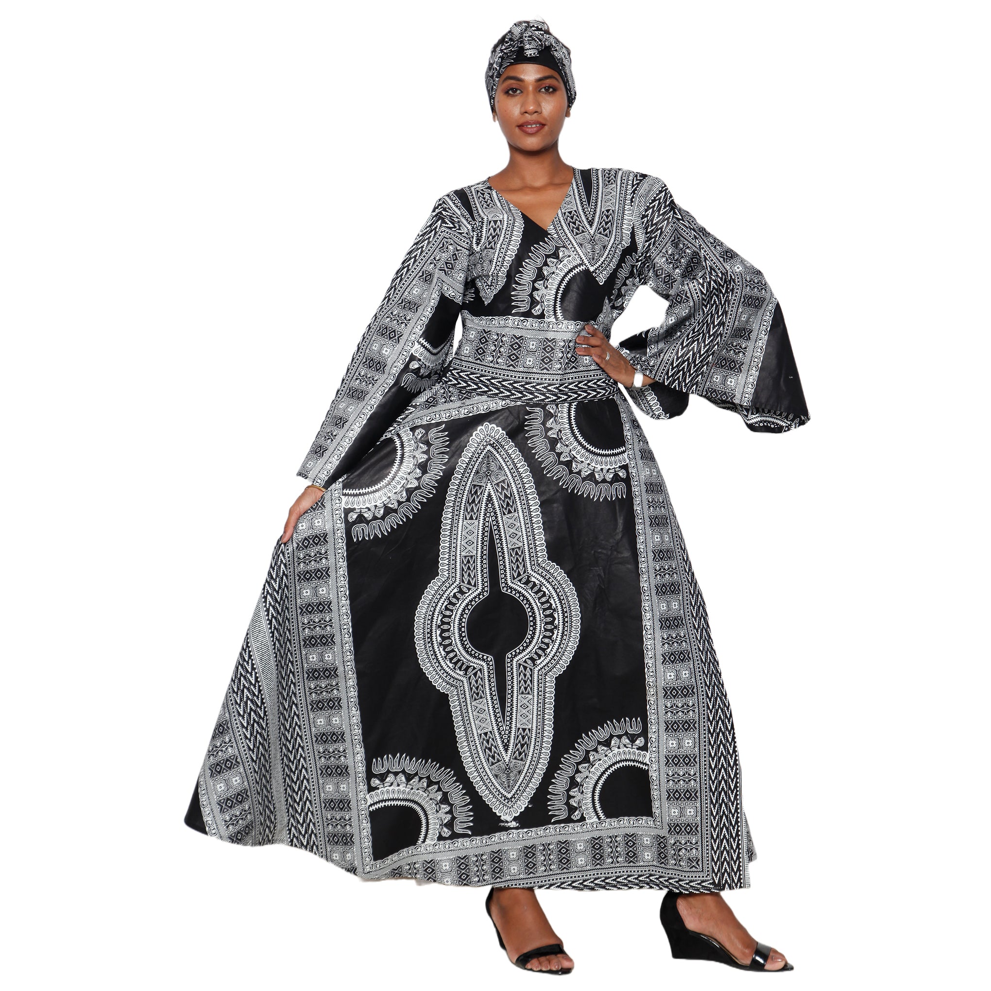 Women's Dashiki Long Sleeve Maxi Wrap Dress -- FI-D56D