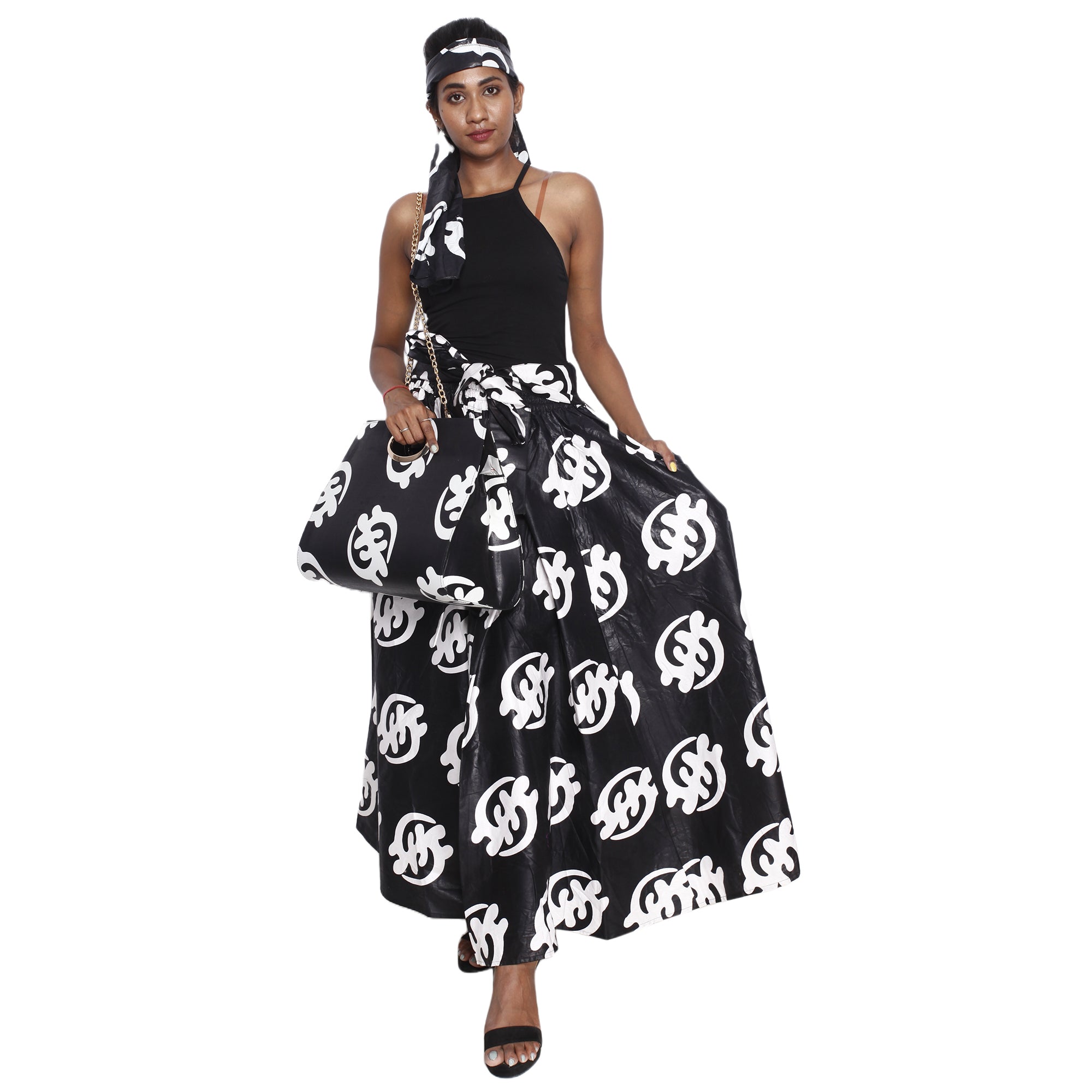 Women's Printed Tie Waist Maxi Skirt with Handbag black/white