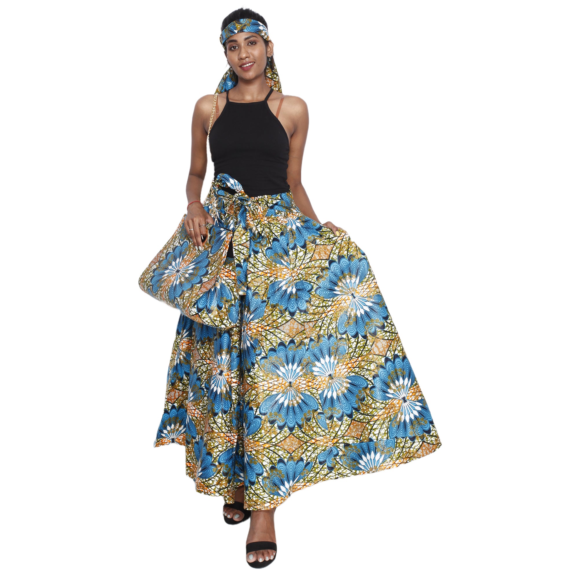 Women's Printed Tie Waist Maxi Skirt with Handbag blue/white/light green and black