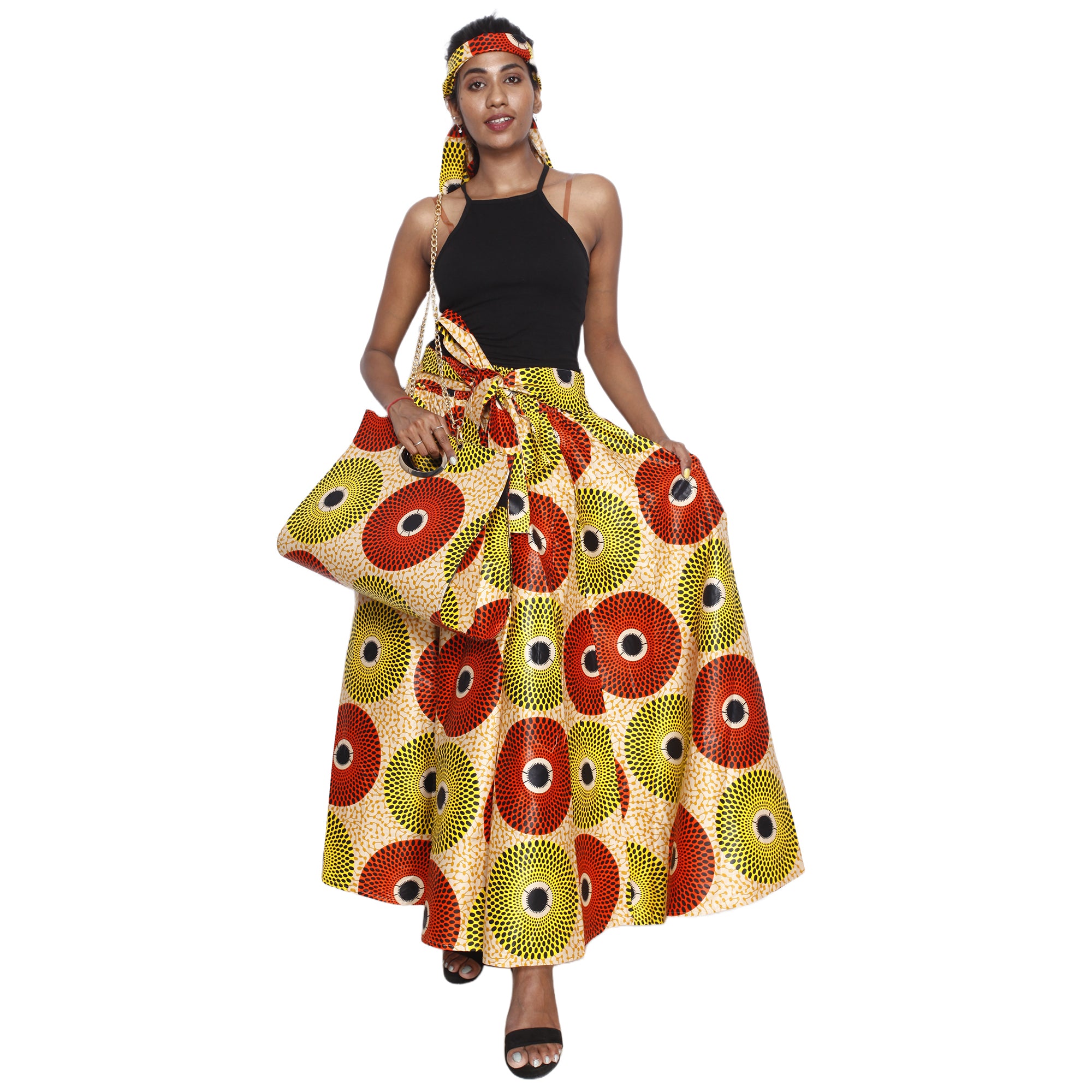 Women's Printed Tie Waist Maxi Skirt with Handbag orange/yellow and black