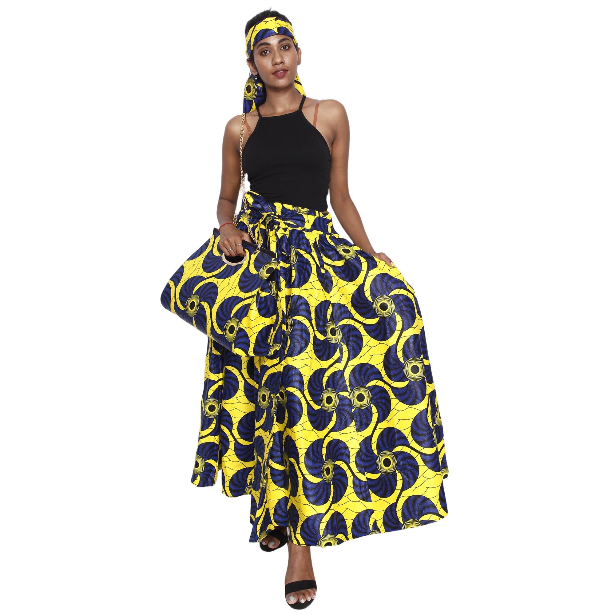 Women's Printed Tie Waist Maxi Skirt with Handbag [purple/yellow and black