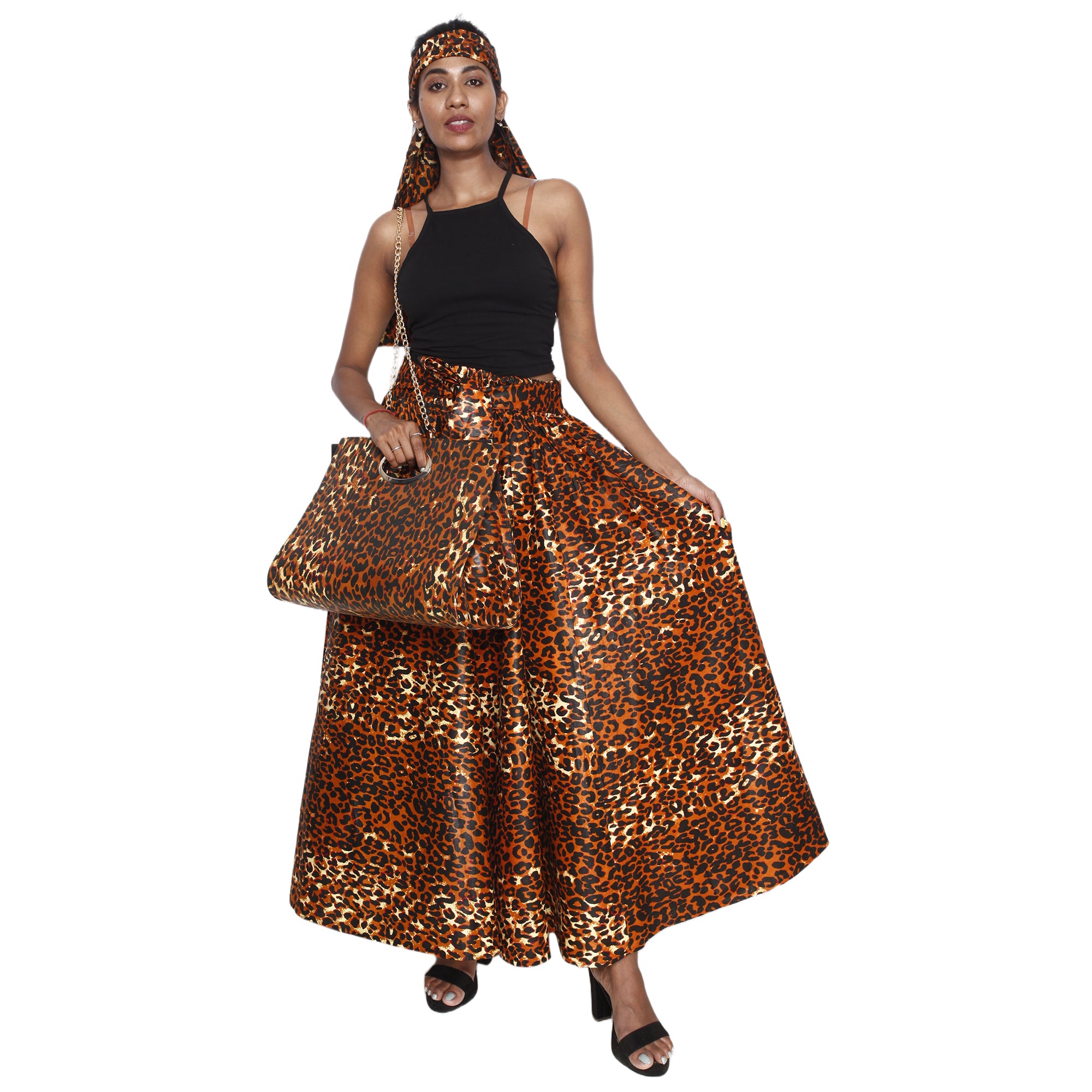 Women's Printed Tie Waist Maxi Skirt with Handbag - FI-32P