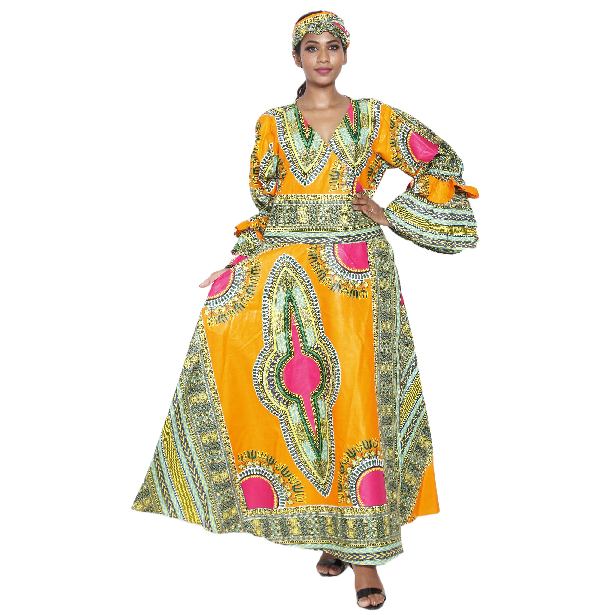 Women's Dashiki Ruffle Sleeve Maxi Wrap Dress - African Stars