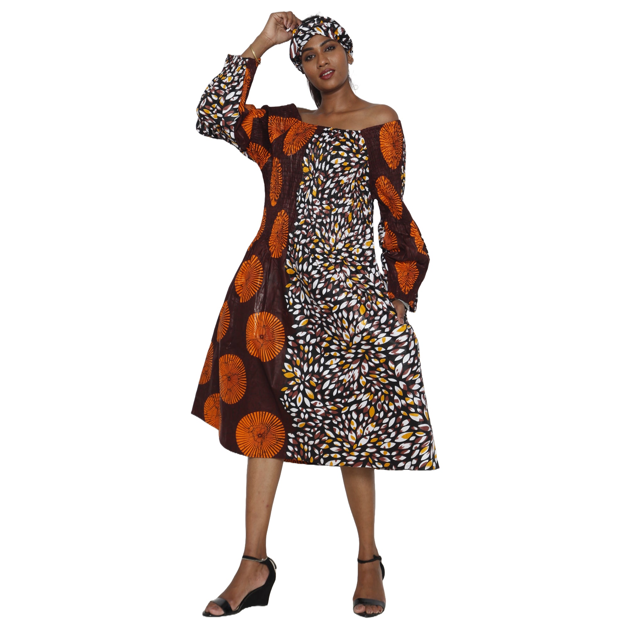 Women's African Print Off Shoulder with Cuff Sleeve Dress