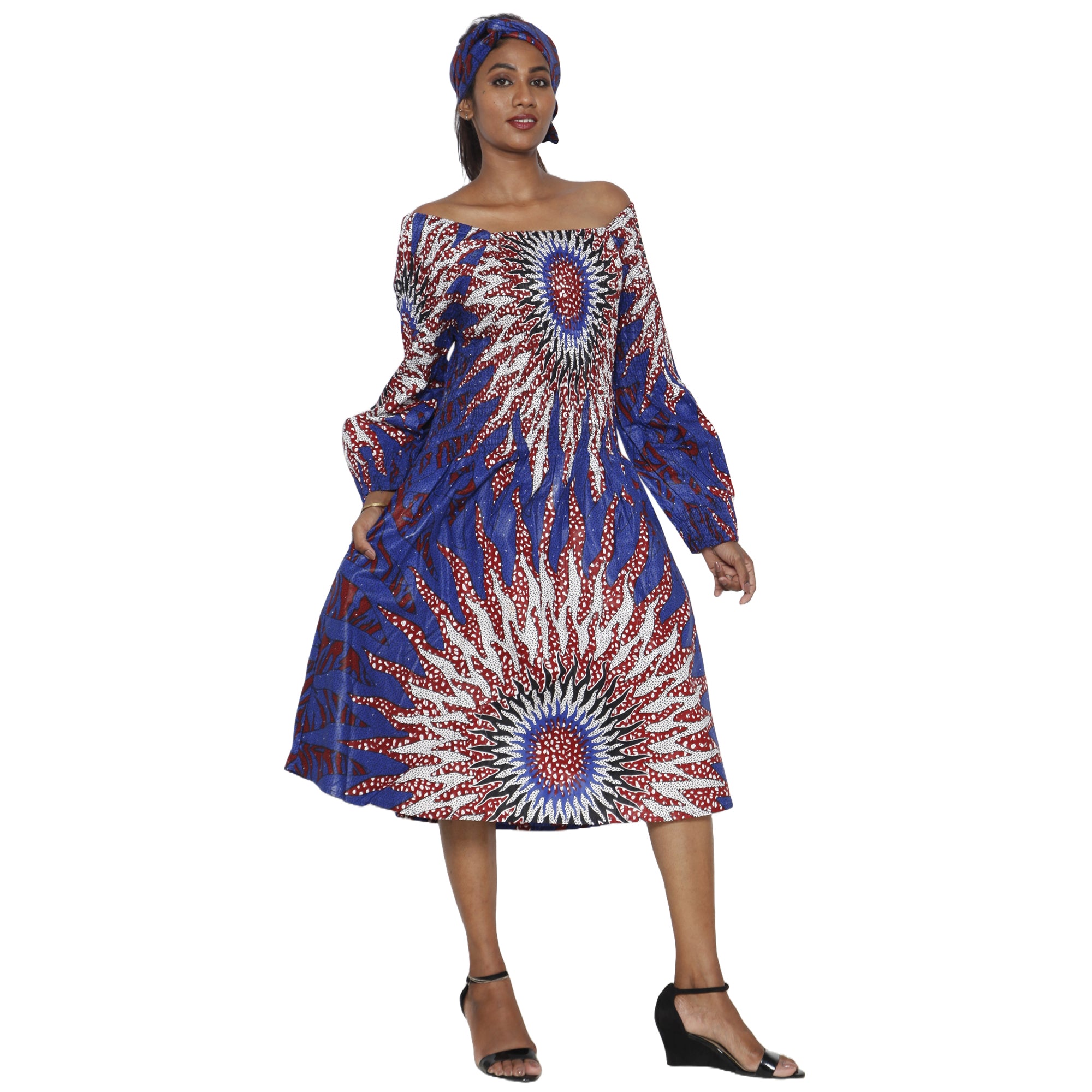 Women's African Print Off Shoulder with Cuff Sleeve Dress