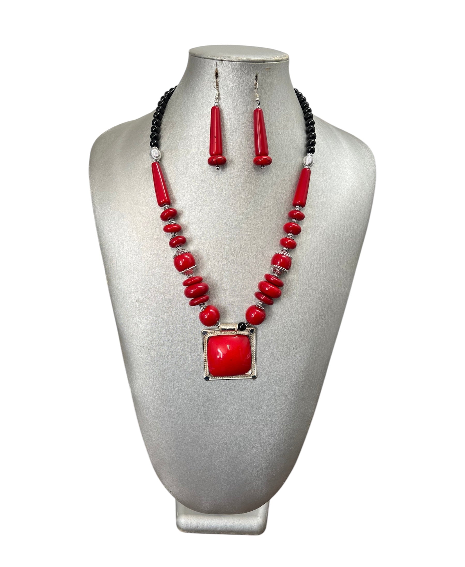 Women's Colorful Stone Necklace Set with Square Pendant