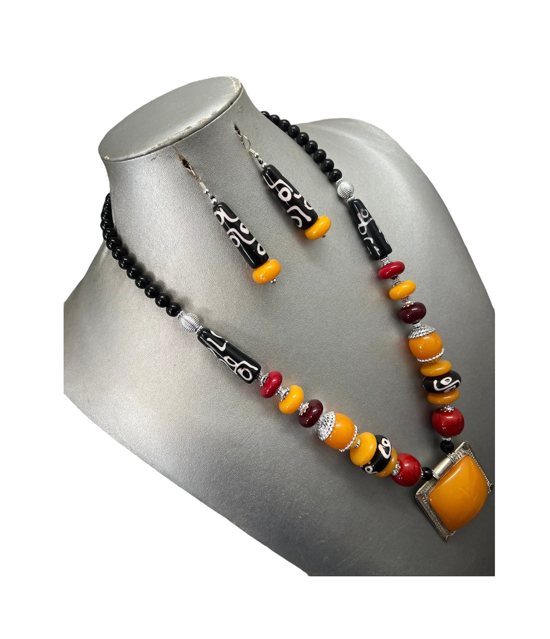 Women's Colorful Stone Necklace Set with Square Pendant