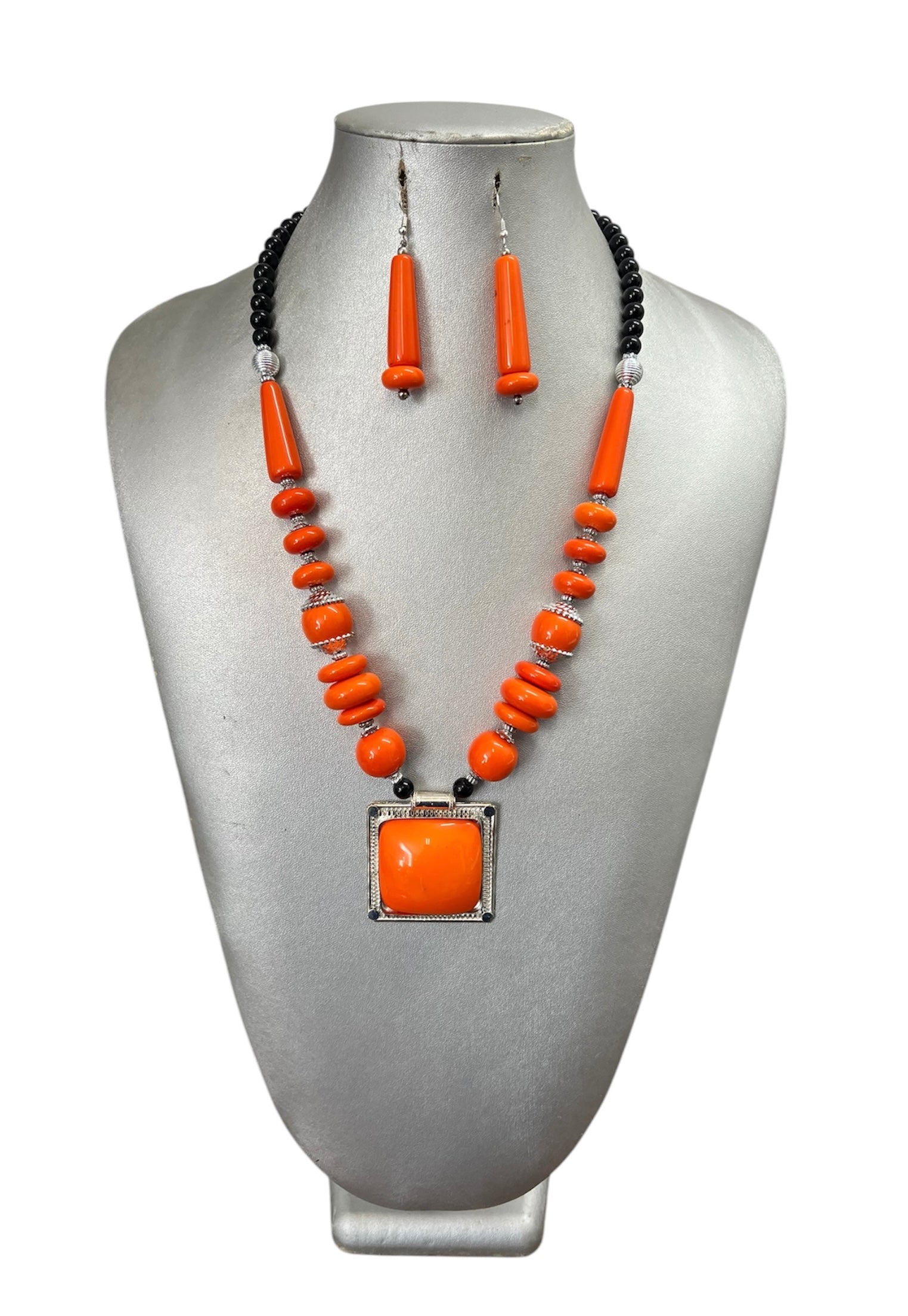 Women's Colorful Stone Necklace Set with Square Pendant