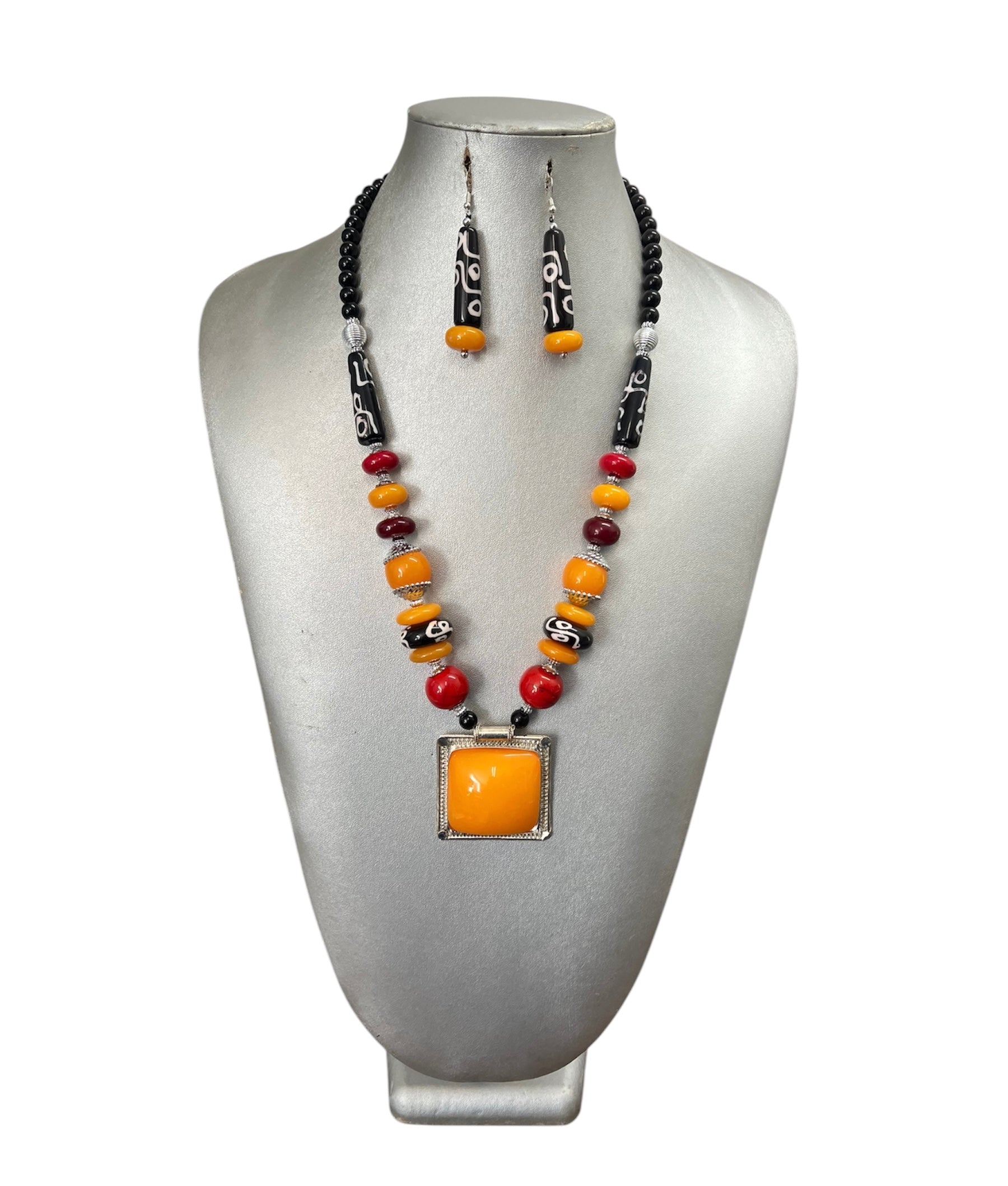 Women's Colorful Stone Necklace Set with Square Pendant