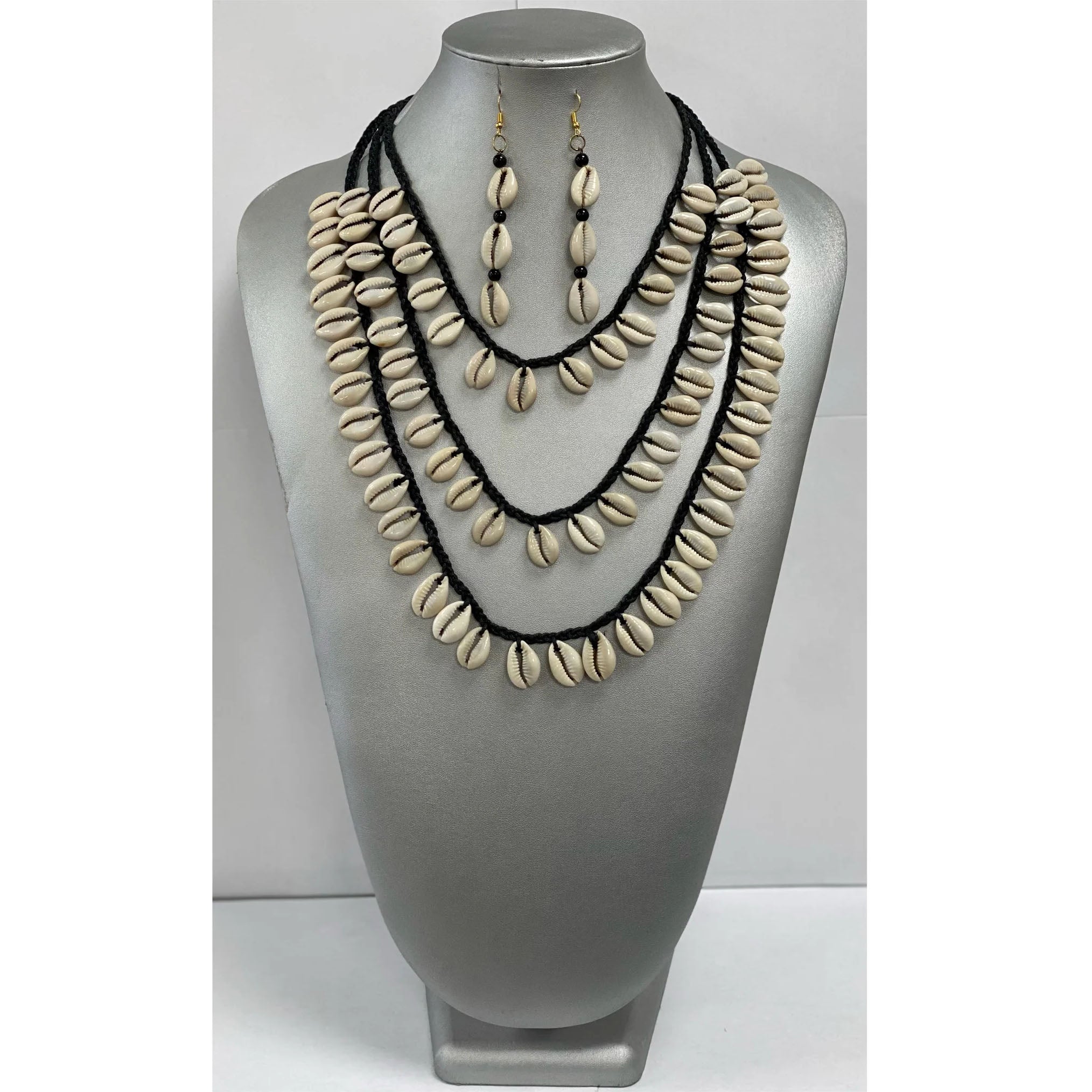 African Three Strand Layered Cowrie Shell Necklace Set