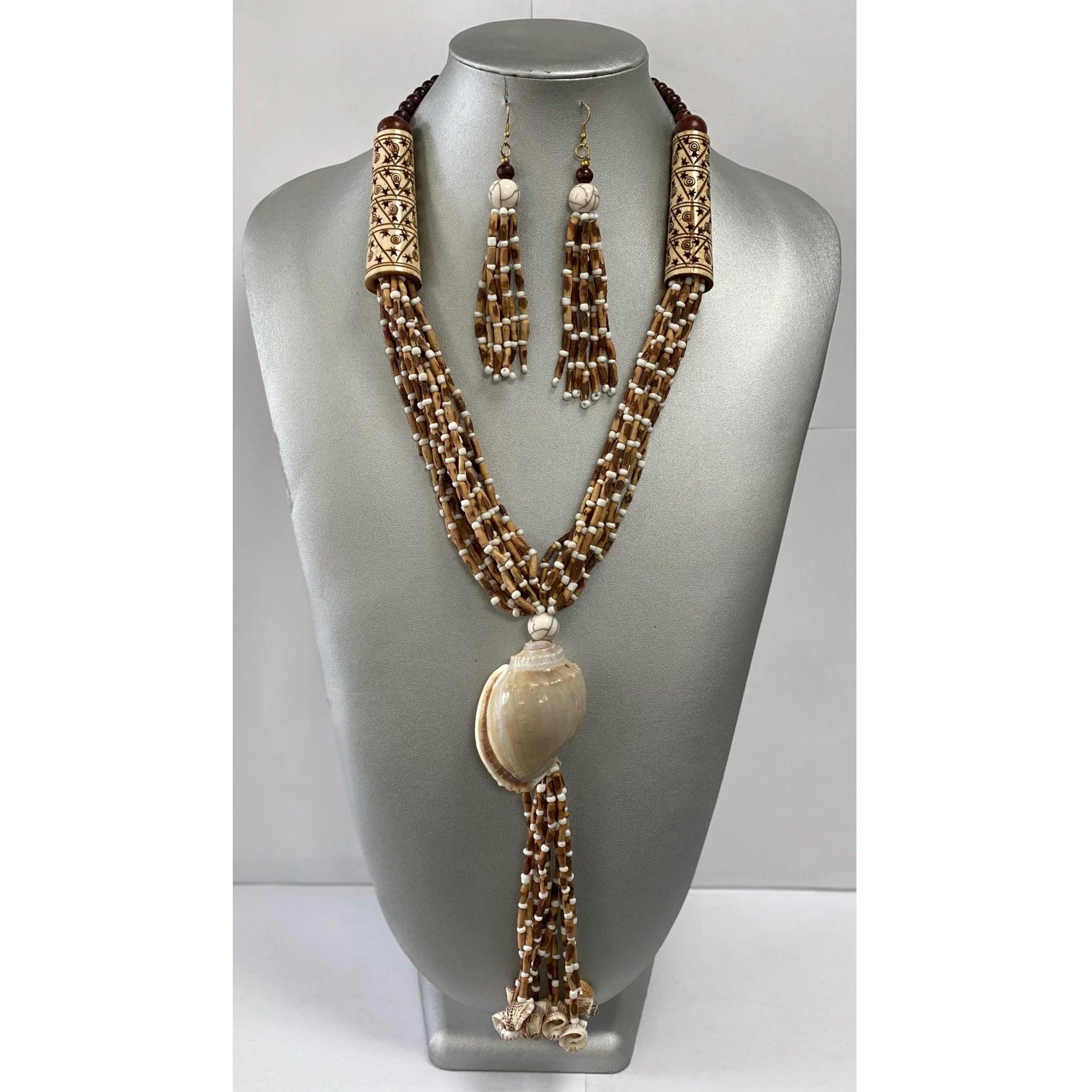 African Women's Tribal Beaded Seashell Necklace Set -- Jewelry A10