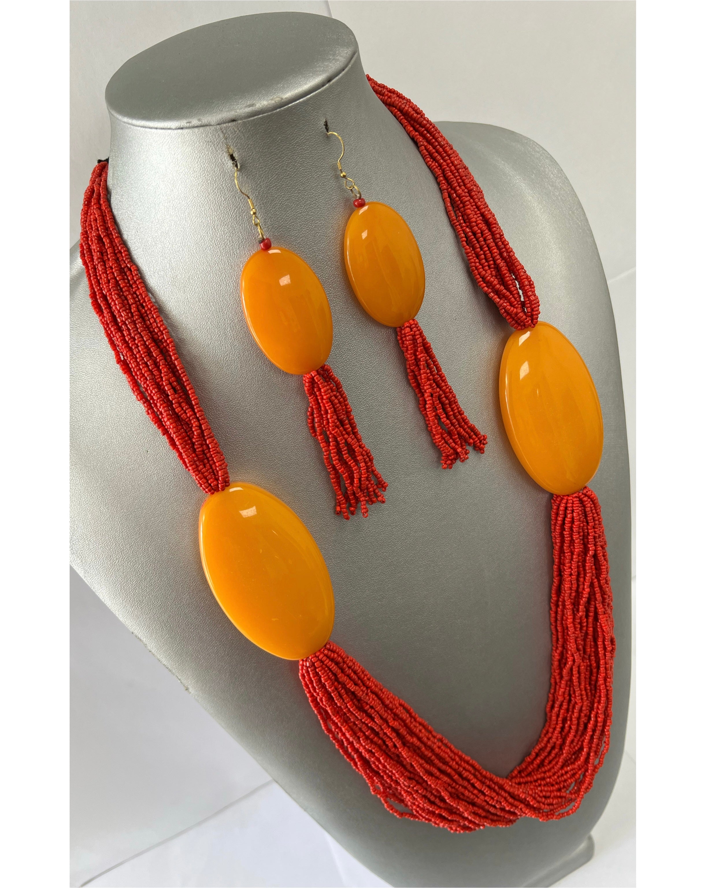 African Multiple Layer Beaded Necklace Set with Orange Pendants