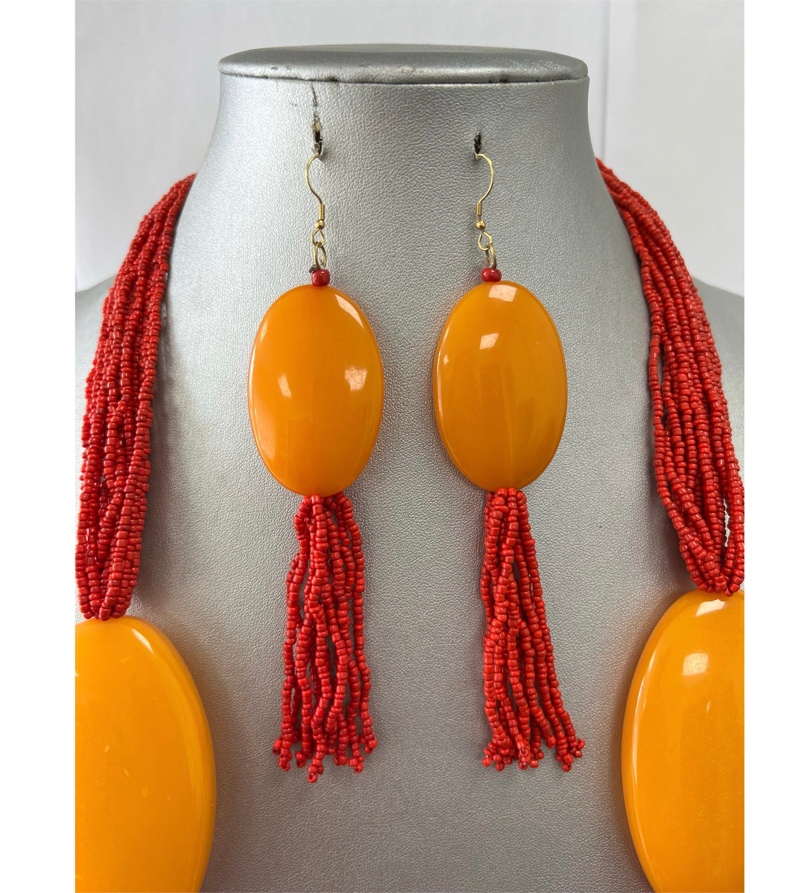 African Multiple Layer Beaded Necklace Set with Orange Pendants