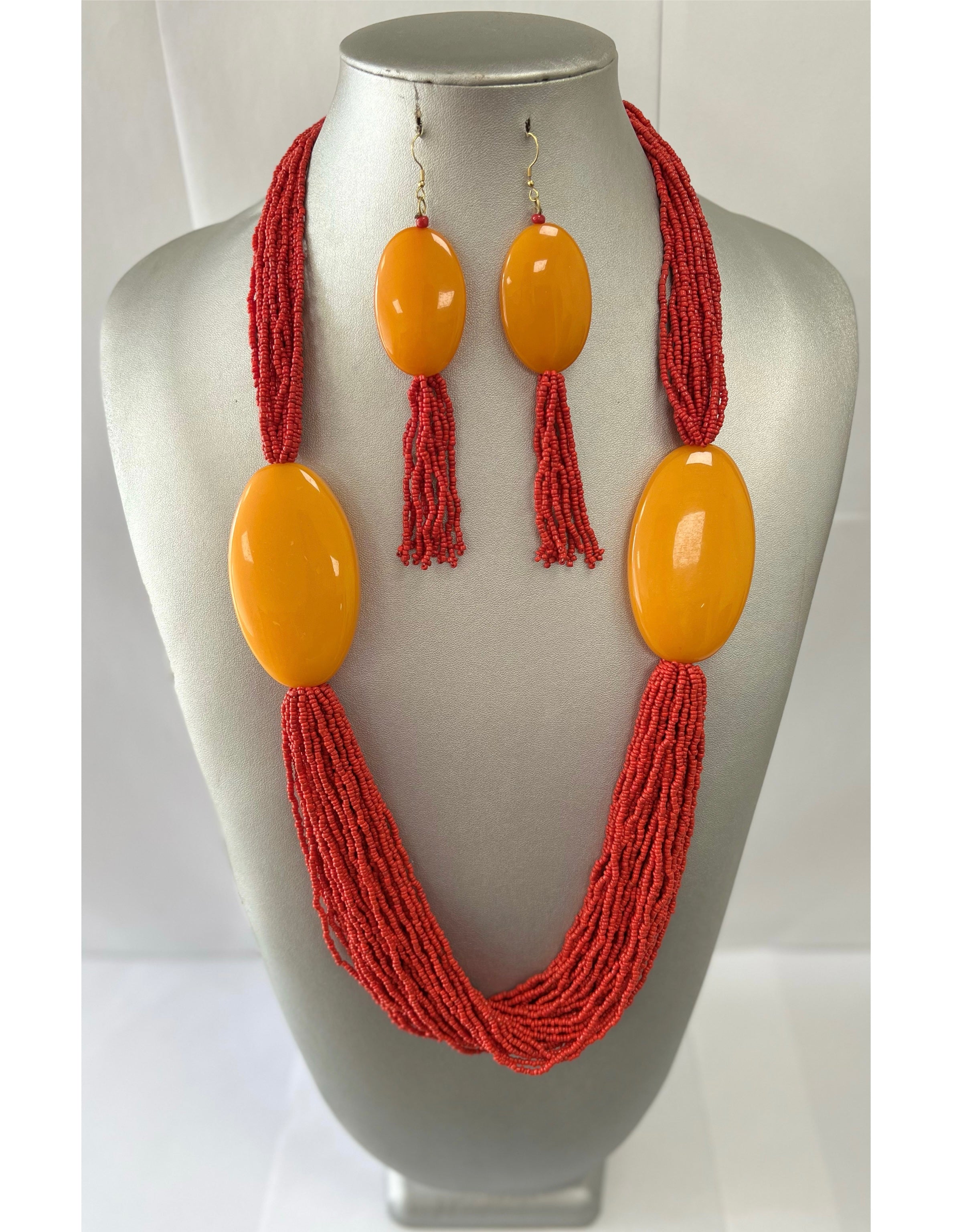 African Multiple Layer Beaded Necklace Set with Orange Pendants