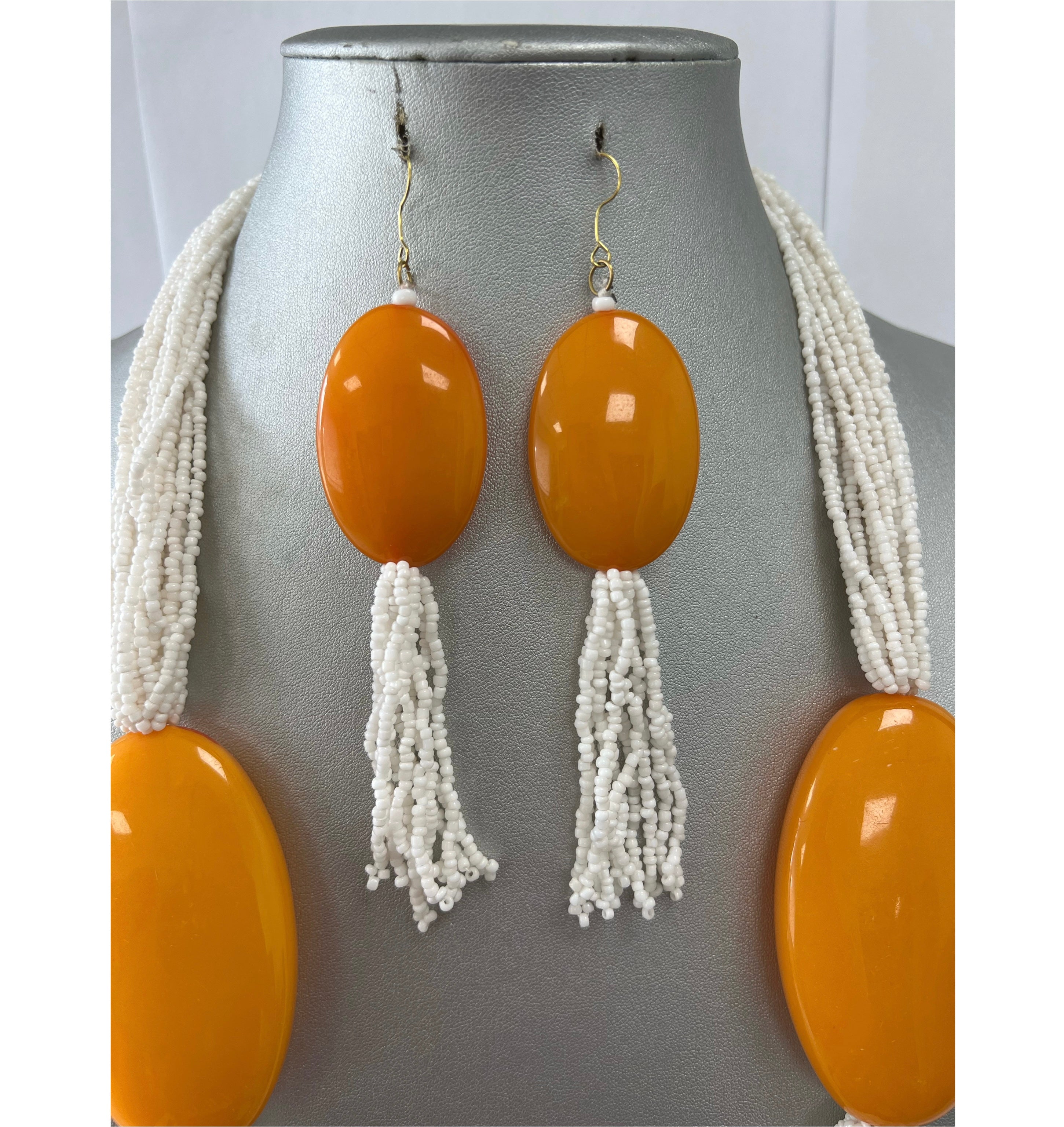 African Multiple Layer Beaded Necklace Set with Orange Pendants