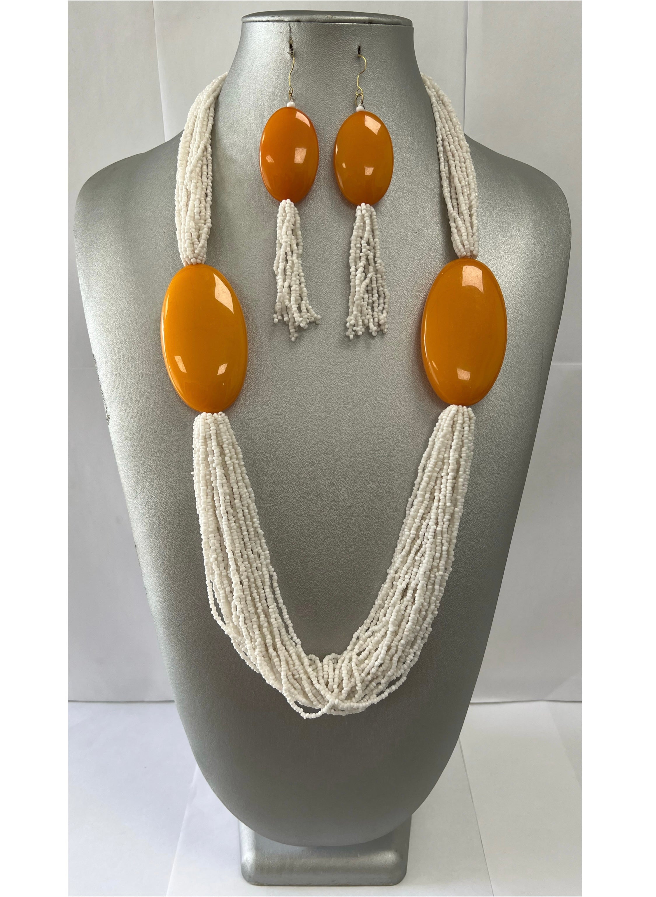 African Multiple Layer Beaded Necklace Set with Orange Pendants