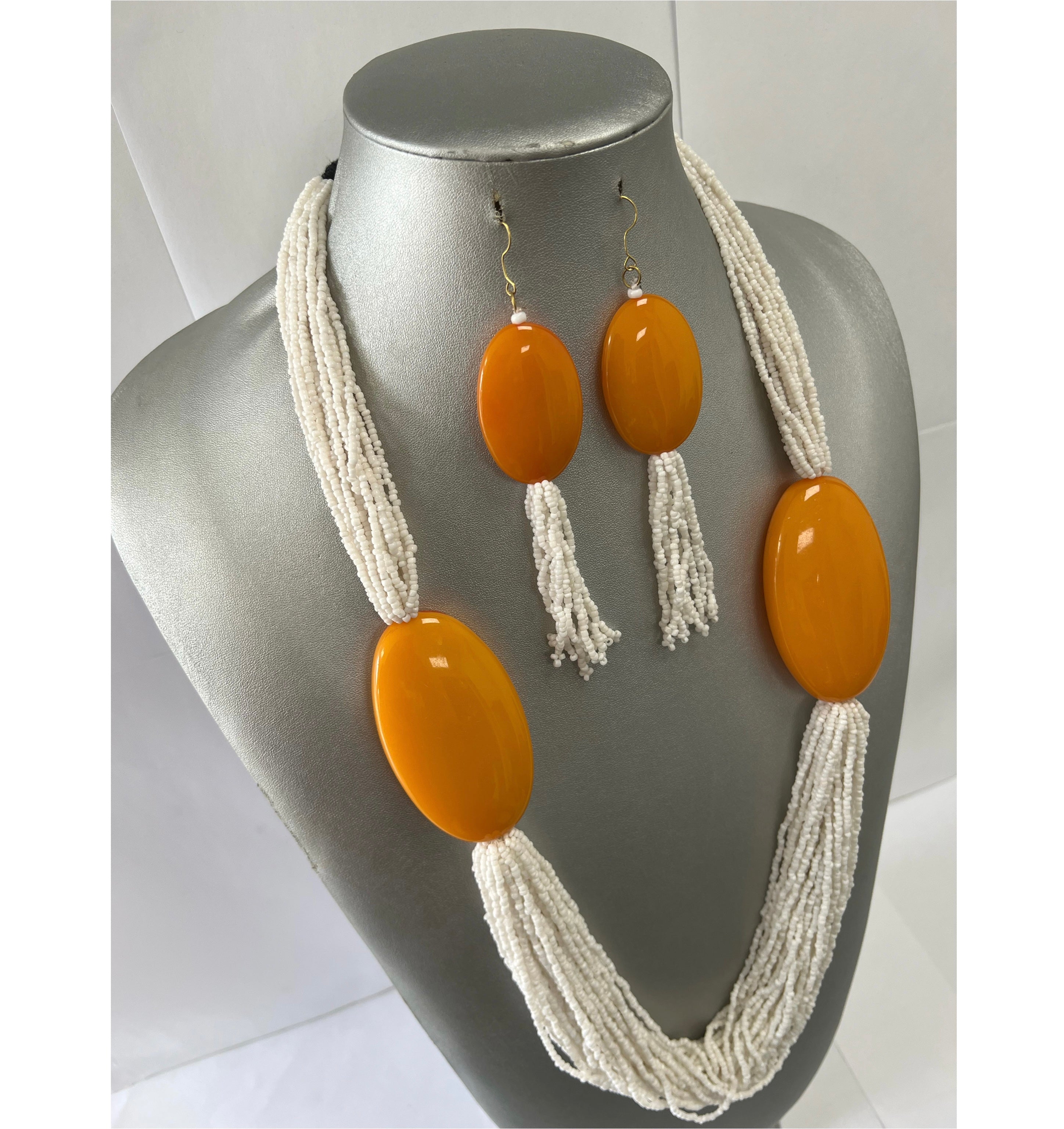 African Multiple Layer Beaded Necklace Set with Orange Pendants