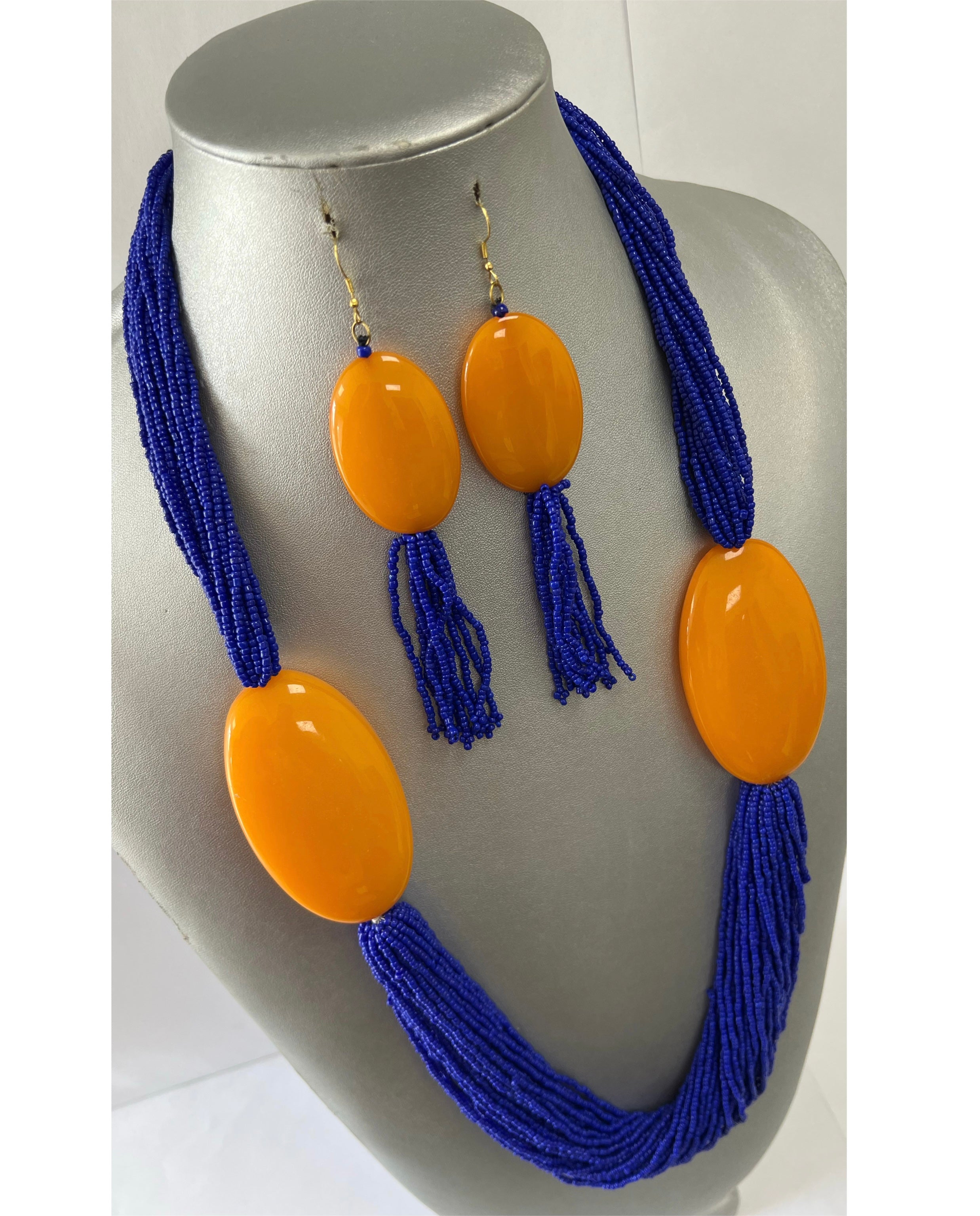 African Multiple Layer Beaded Necklace Set with Orange Pendants