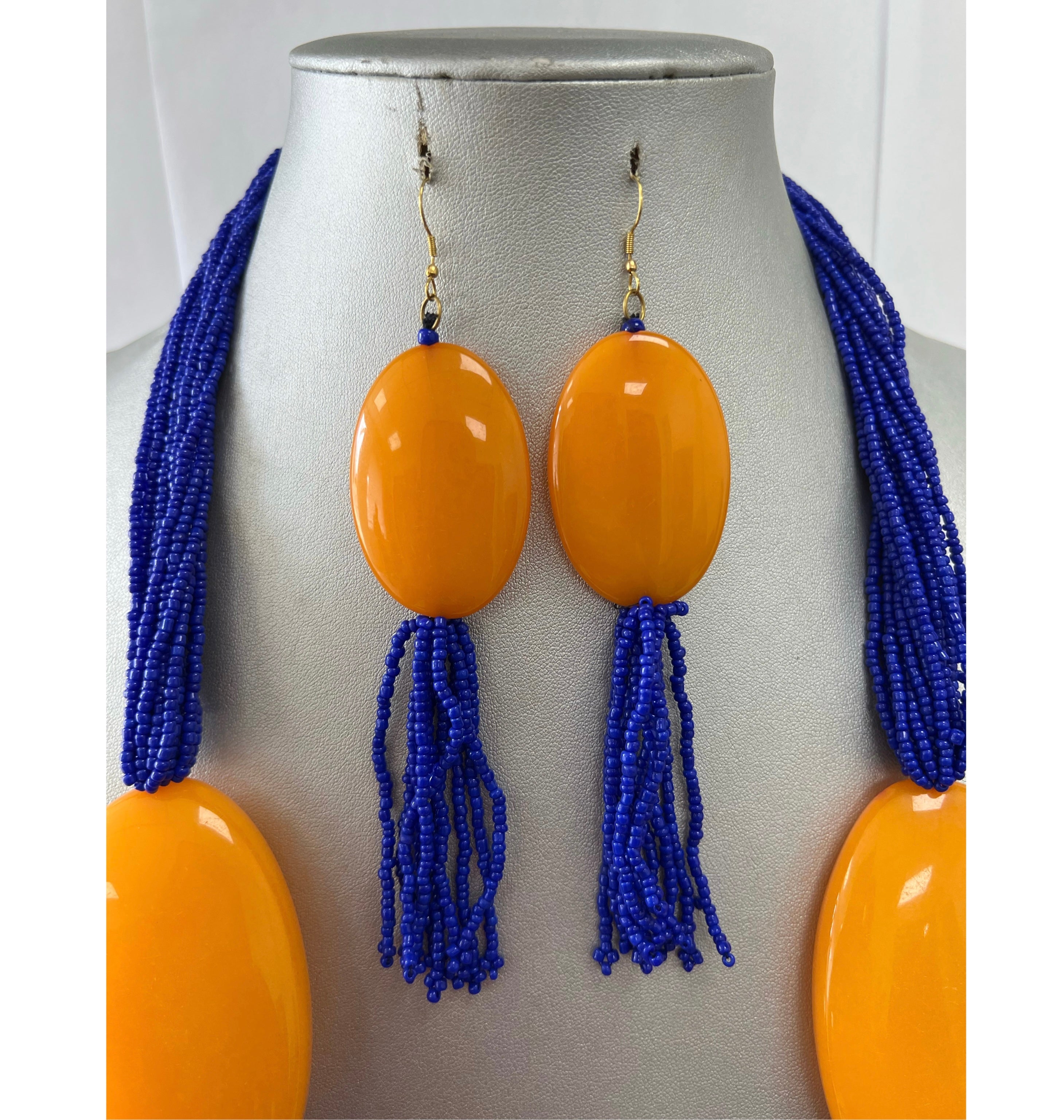 African Multiple Layer Beaded Necklace Set with Orange Pendants