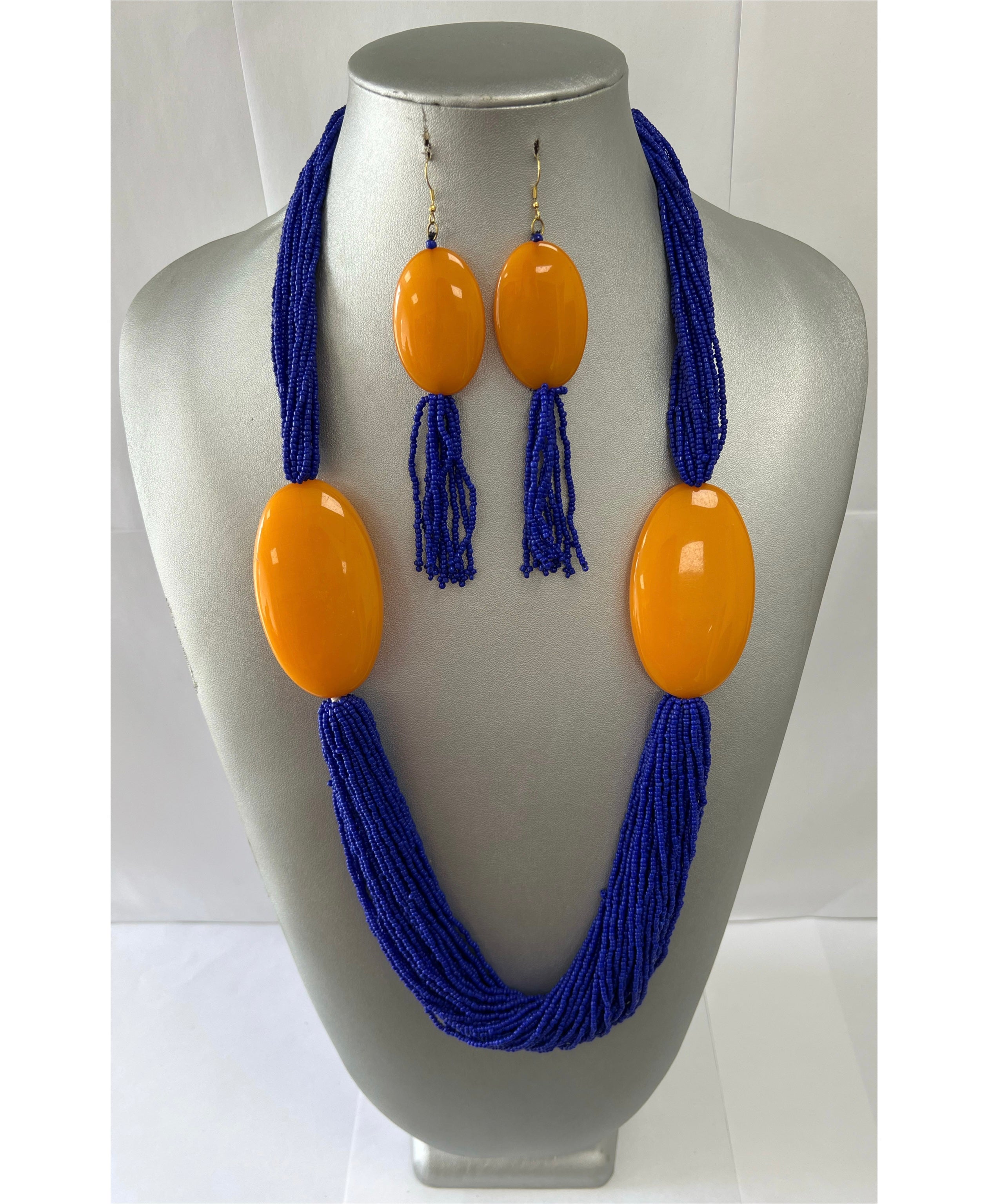 African Multiple Layer Beaded Necklace Set with Orange Pendants