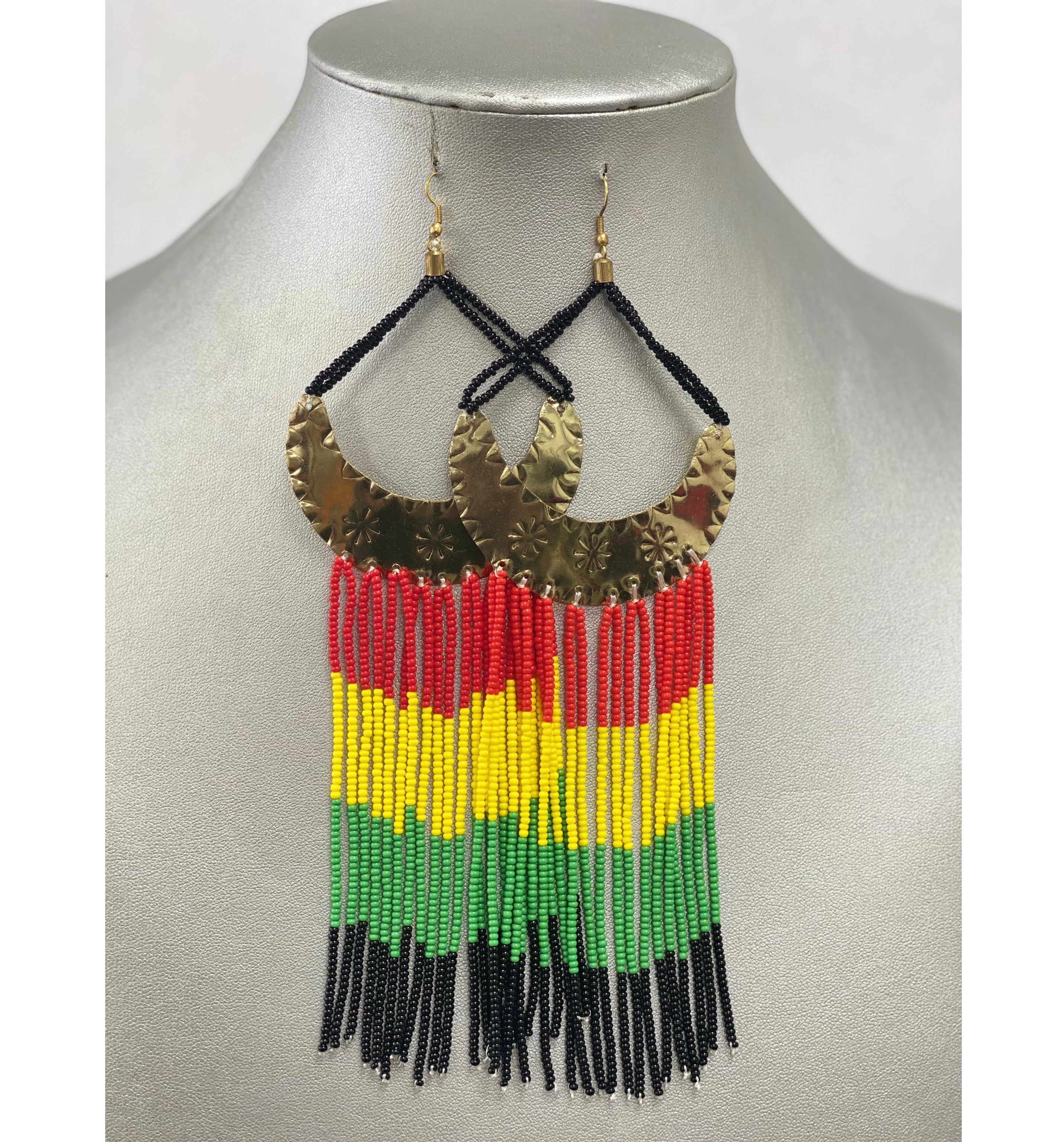 Gold Brass Long Beaded Rasta Necklace -- Jewelry A30