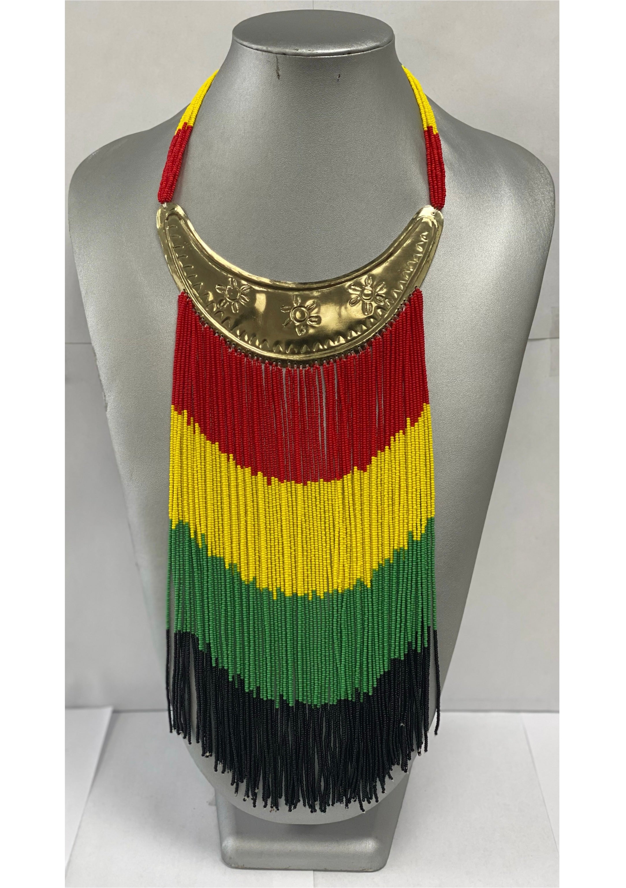 Gold Brass Long Beaded Rasta Necklace -- Jewelry A30