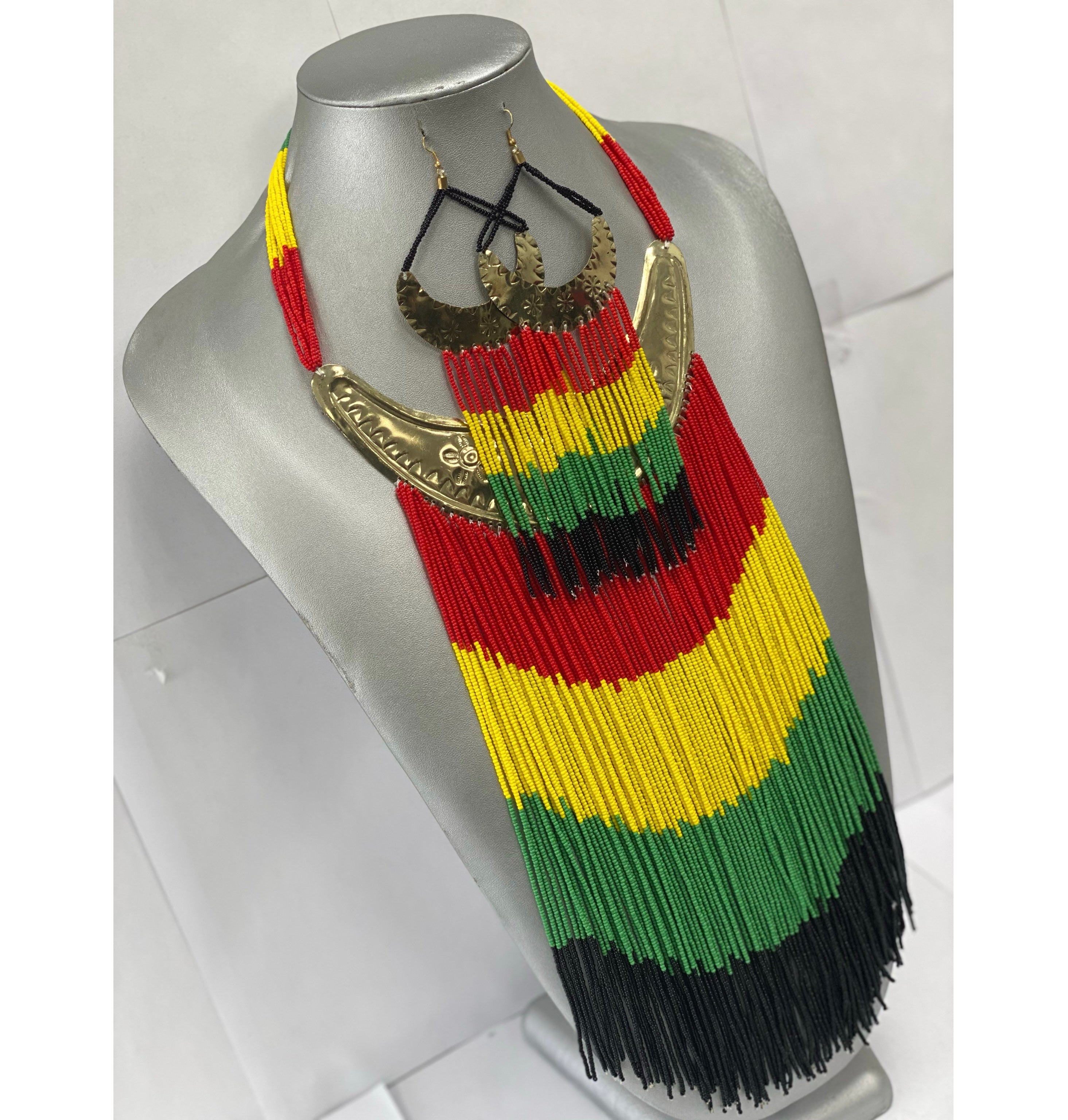 Gold Brass Long Beaded Rasta Necklace -- Jewelry A30