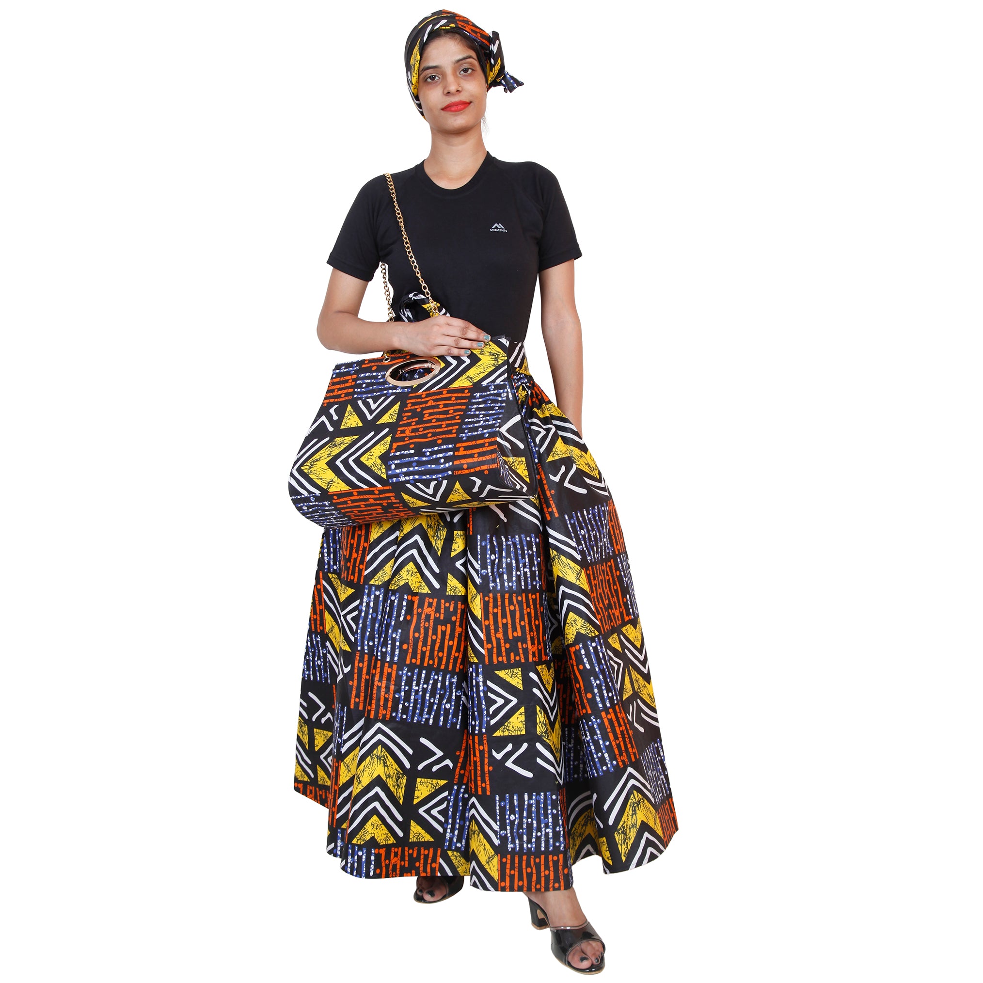 Women's Printed Tie Waist Maxi Skirt with Handbag - FI-32P