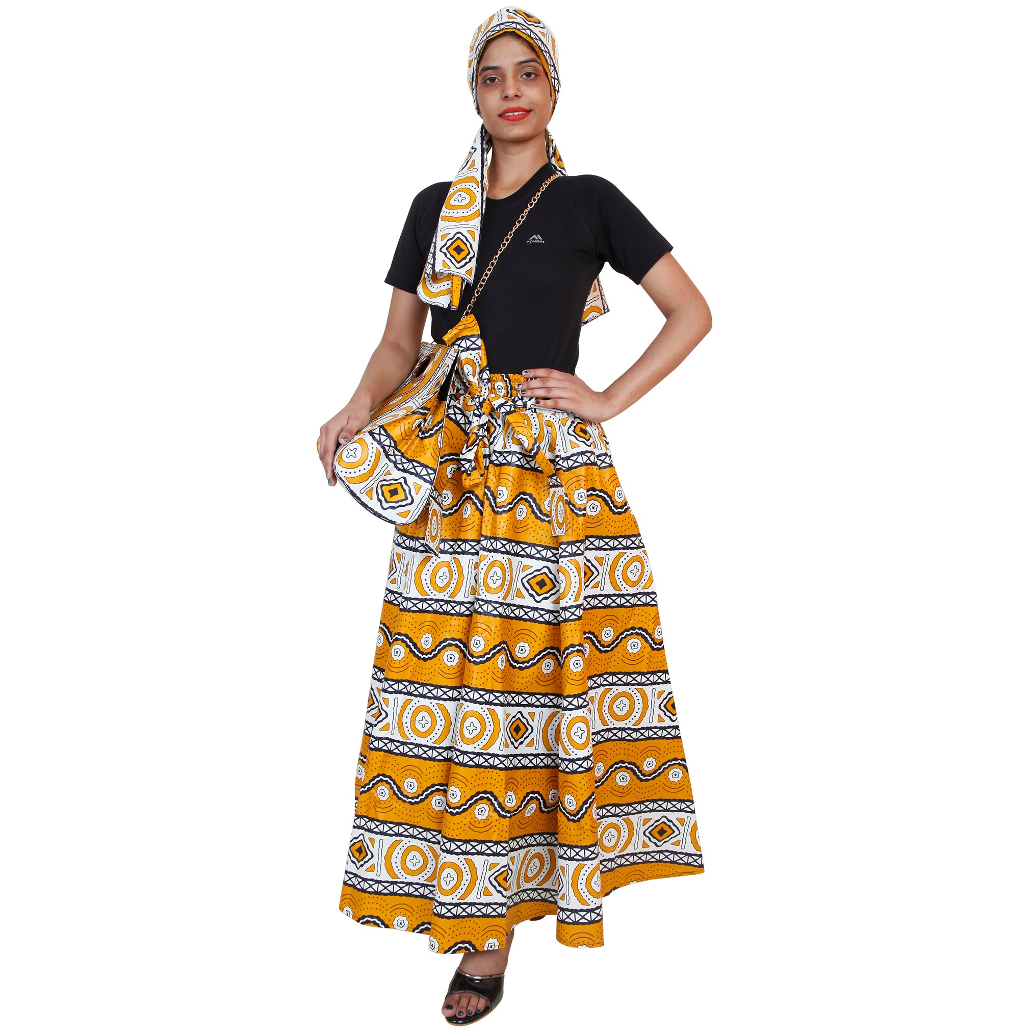 Women's Printed Tie Waist Maxi Skirt with Handbag - FI-32P