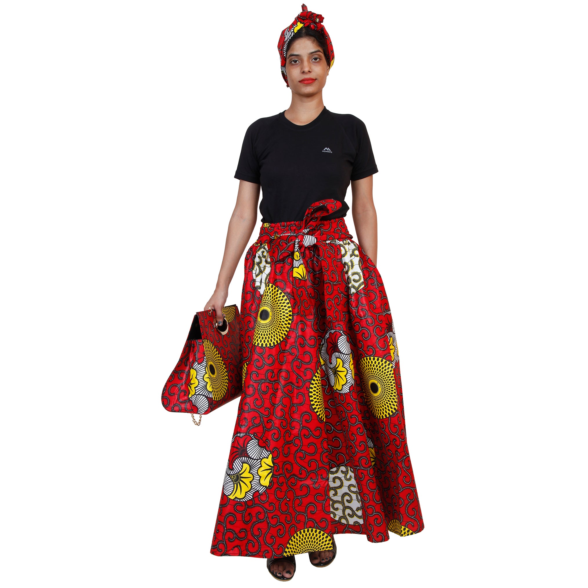 Women's Printed Tie Waist Maxi Skirt with Handbag - FI-32P