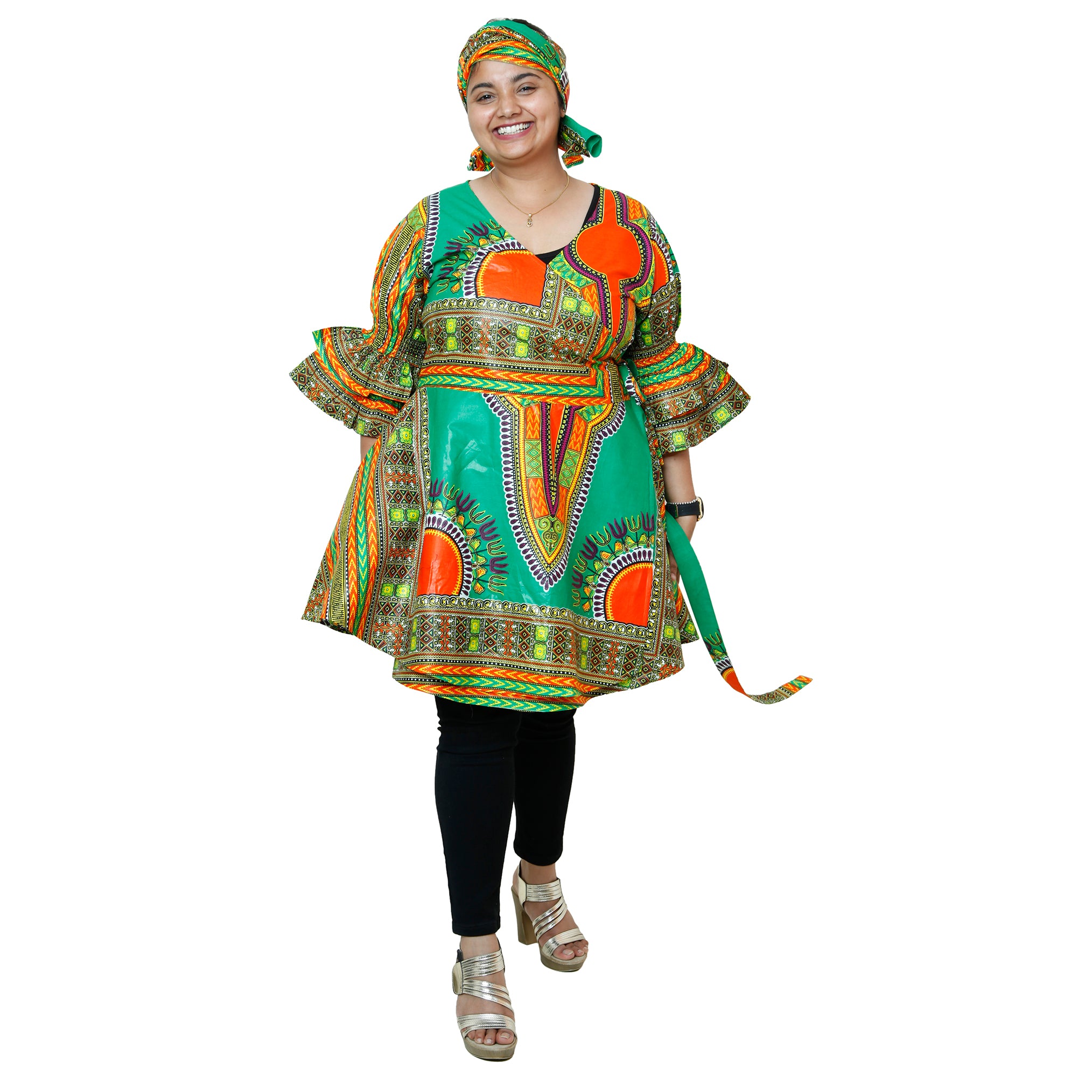 Women's Dashiki Wrap Short Dress with Frill Sleeves