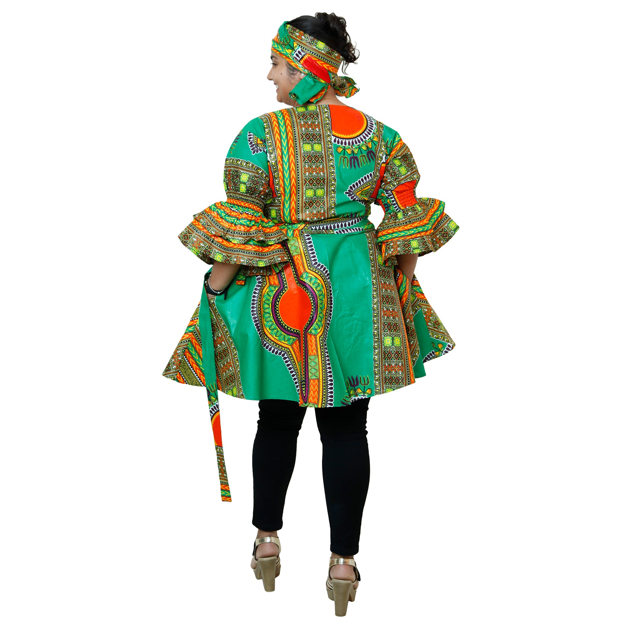 Women's Dashiki Wrap Short Dress with Frill Sleeves -- FI-D74