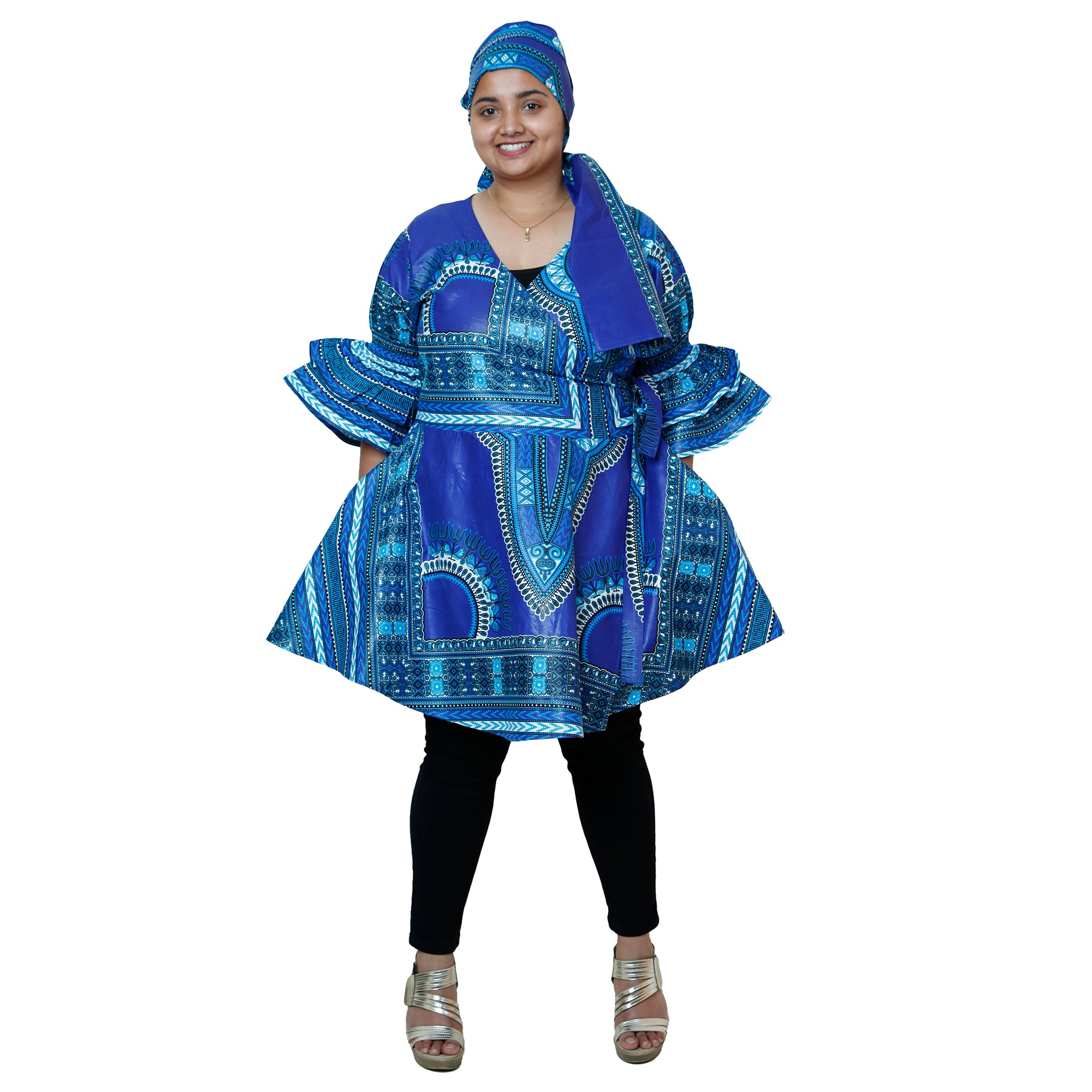 Women's Dashiki Wrap Short Dress with Frill Sleeves -- FI-D74