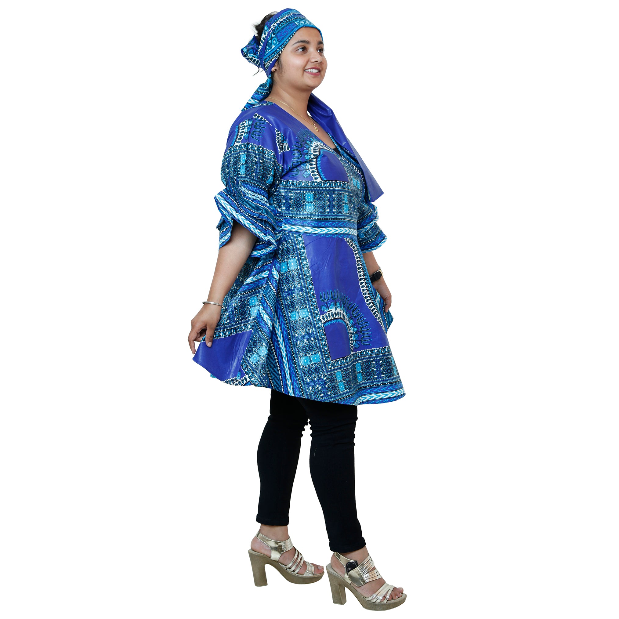 Women's Dashiki Wrap Short Dress with Frill Sleeves -- FI-D74